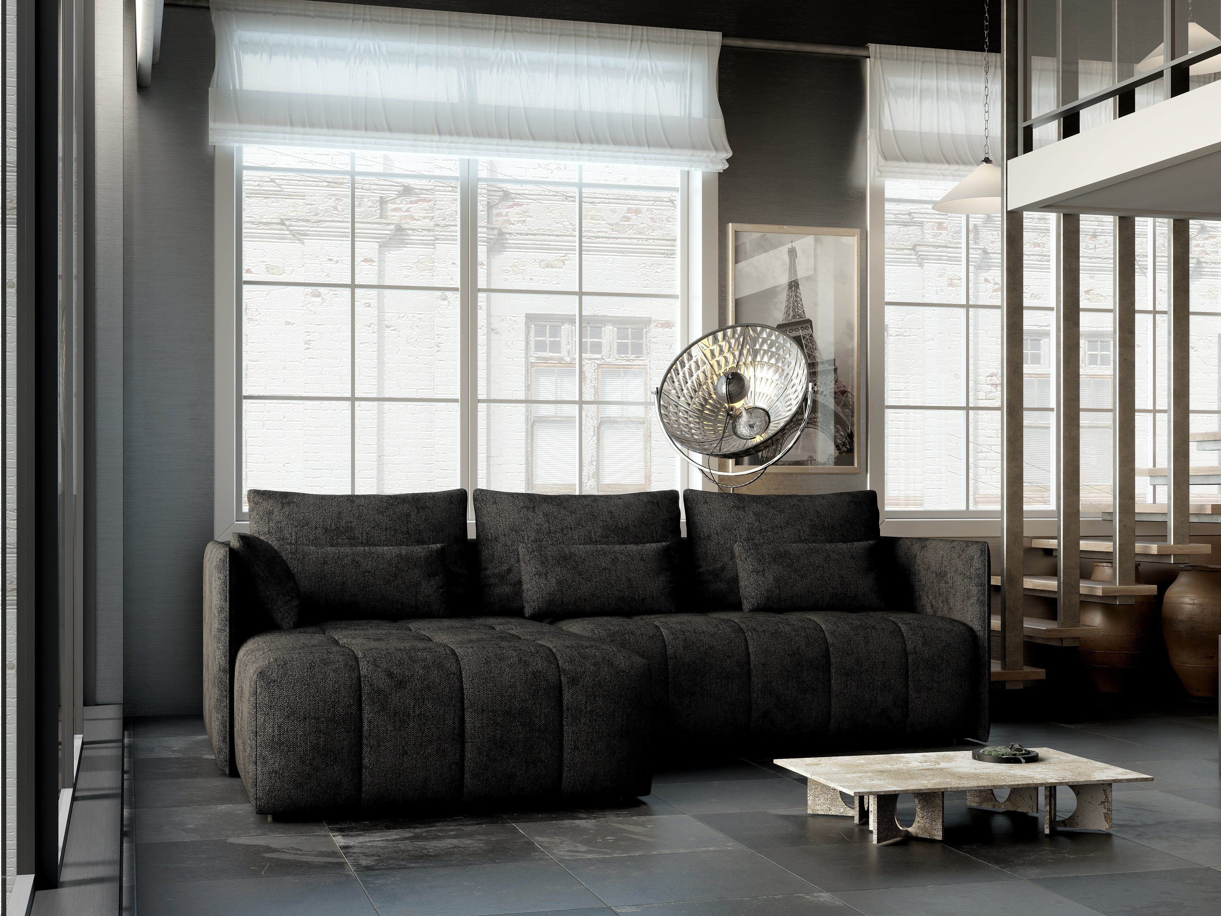 Colțar extensibil dumonde cu ladă de depozitare si sezut confortabil din spuma HR, Malta Enjoy Black 235x185 cm Fabrica