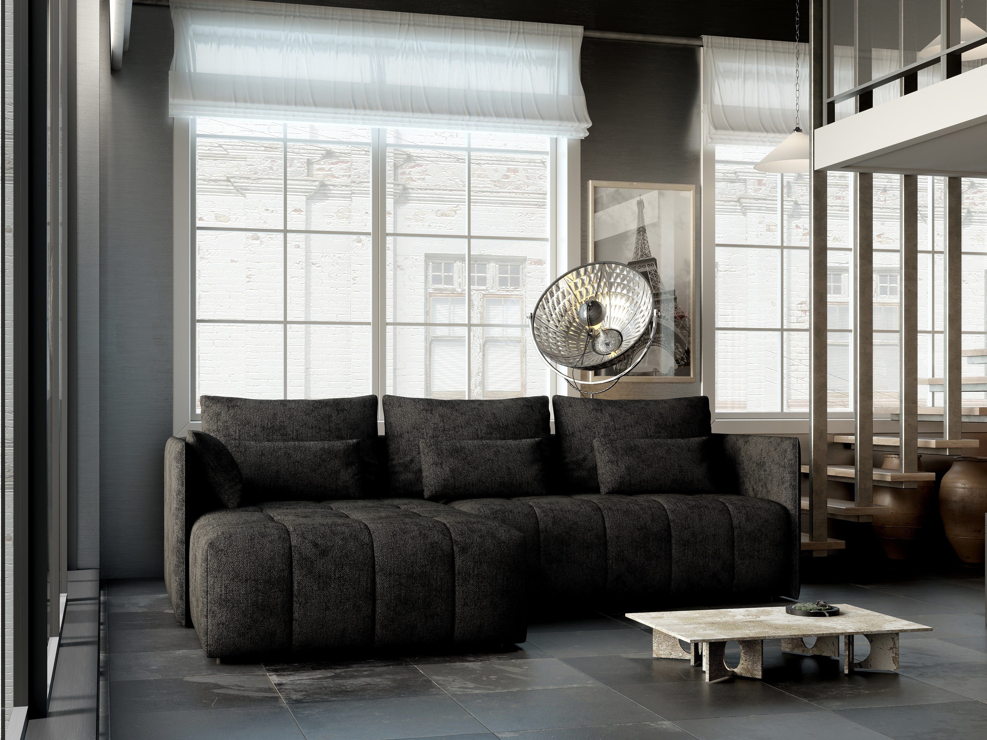 Colțar extensibil dumonde cu ladă de depozitare si sezut confortabil din spuma HR, Malta Enjoy Black 235x185 cm Fabrica