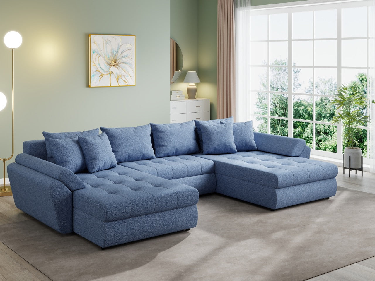 Colțar extensibil dumonde cu ladă de depozitare si sezut confortabil din spuma HR, Loana U Enjoy Blue 355x185 cm