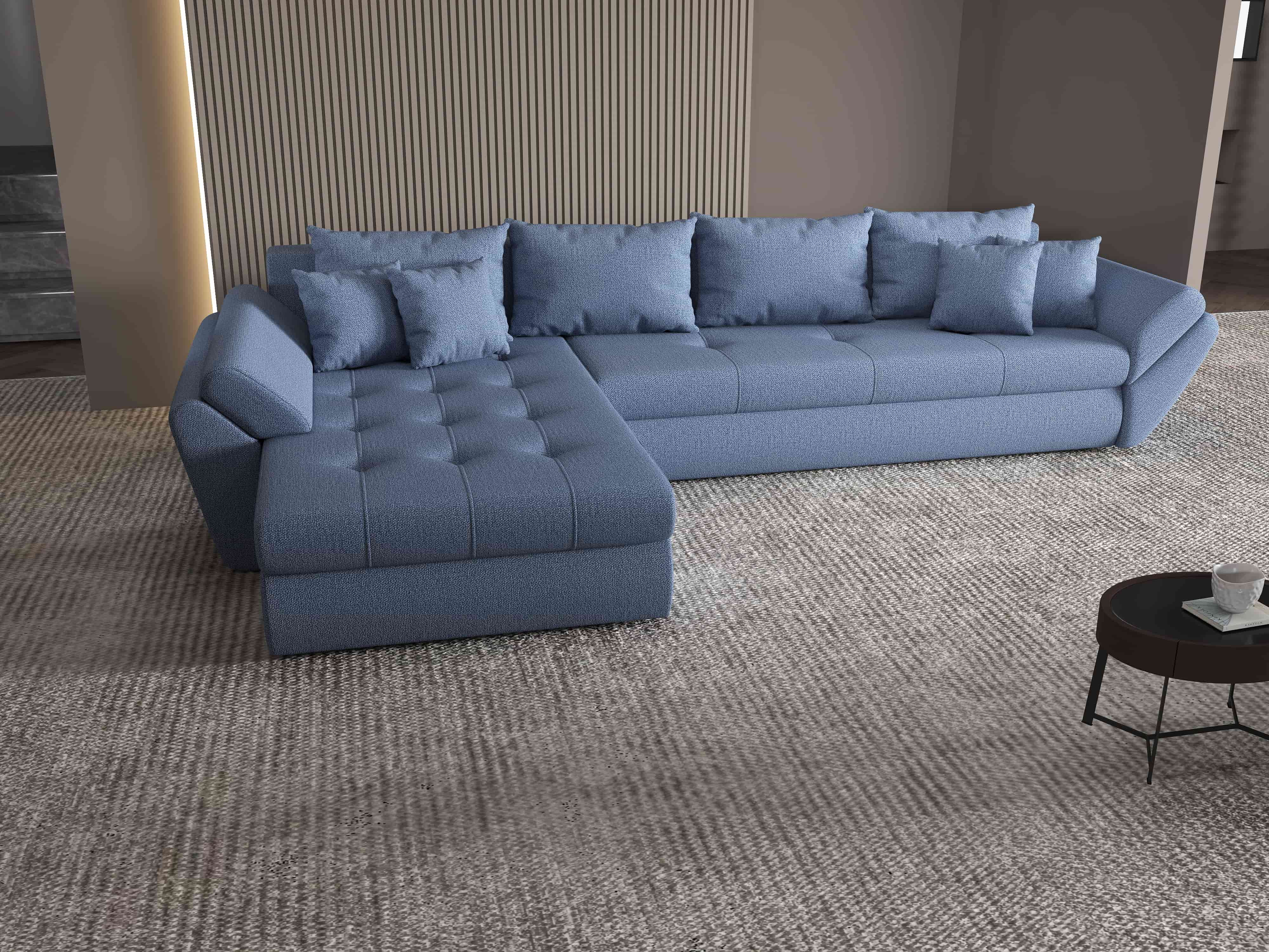 Colțar extensibil dumonde cu ladă de depozitare si sezut confortabil din spuma HR, Loana XL Enjoy Albastru 335x185 cm Fabrica