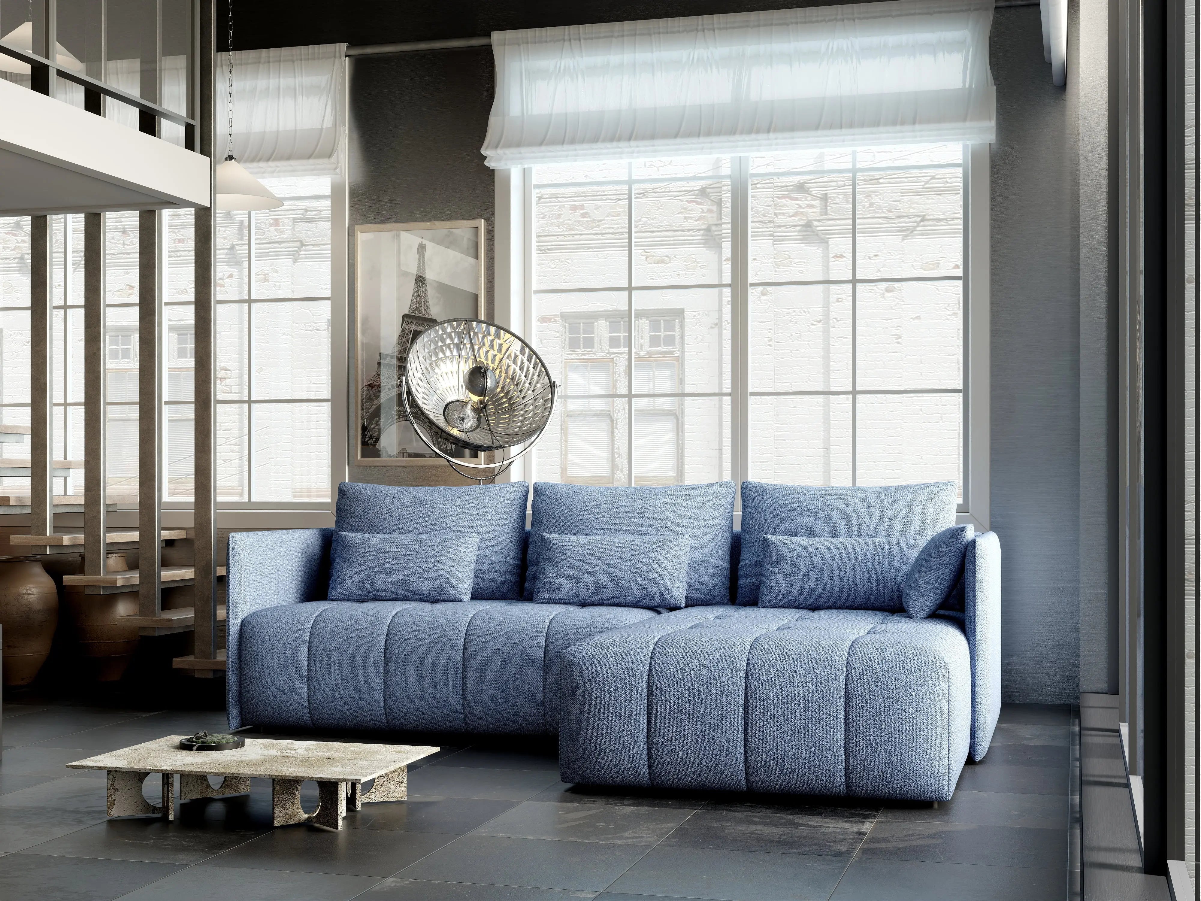 Colțar extensibil dumonde cu ladă de depozitare si sezut confortabil din spuma HR, Malta Blue II 235x185 cm Fabrica