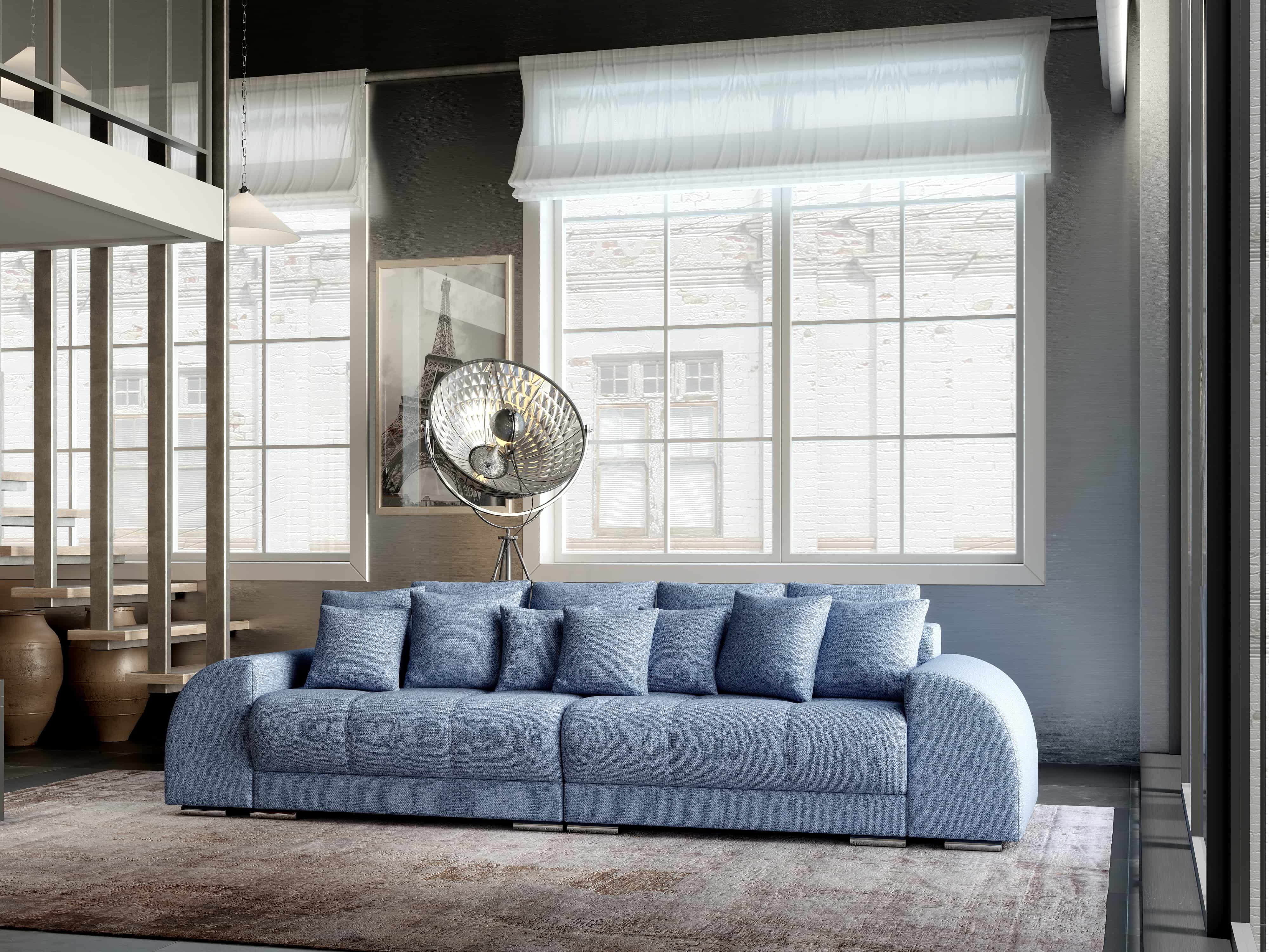 Canapea extensibilă dumonde cu 2 lăzi de depozitare si sezut confortabil din spuma HR, Big Sofa Verona Blue 310x100 cm Fabrica