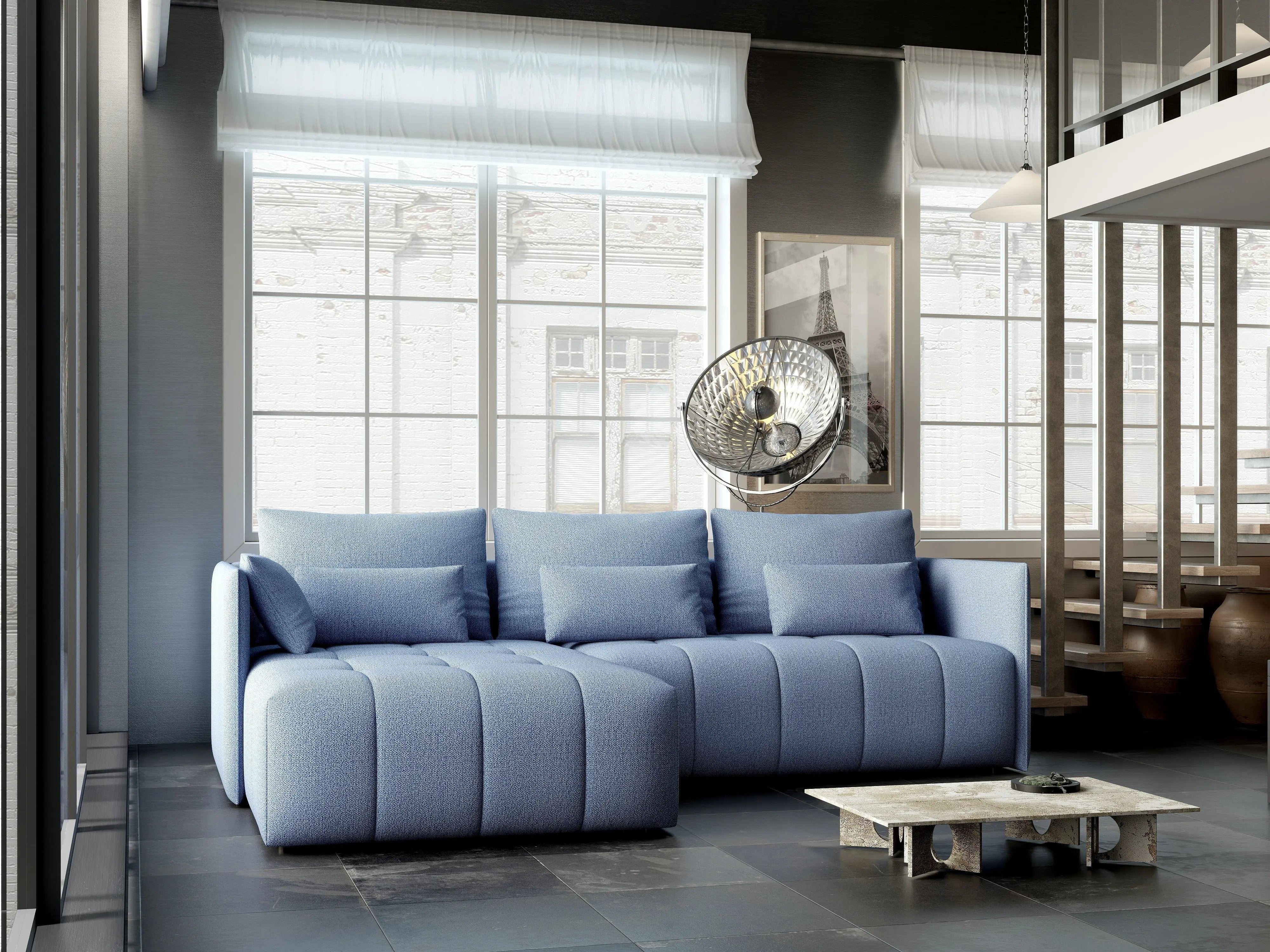 Colțar extensibil dumonde cu ladă de depozitare si sezut confortabil din spuma HR, Malta Enjoy Blue 235x185 cm Fabrica