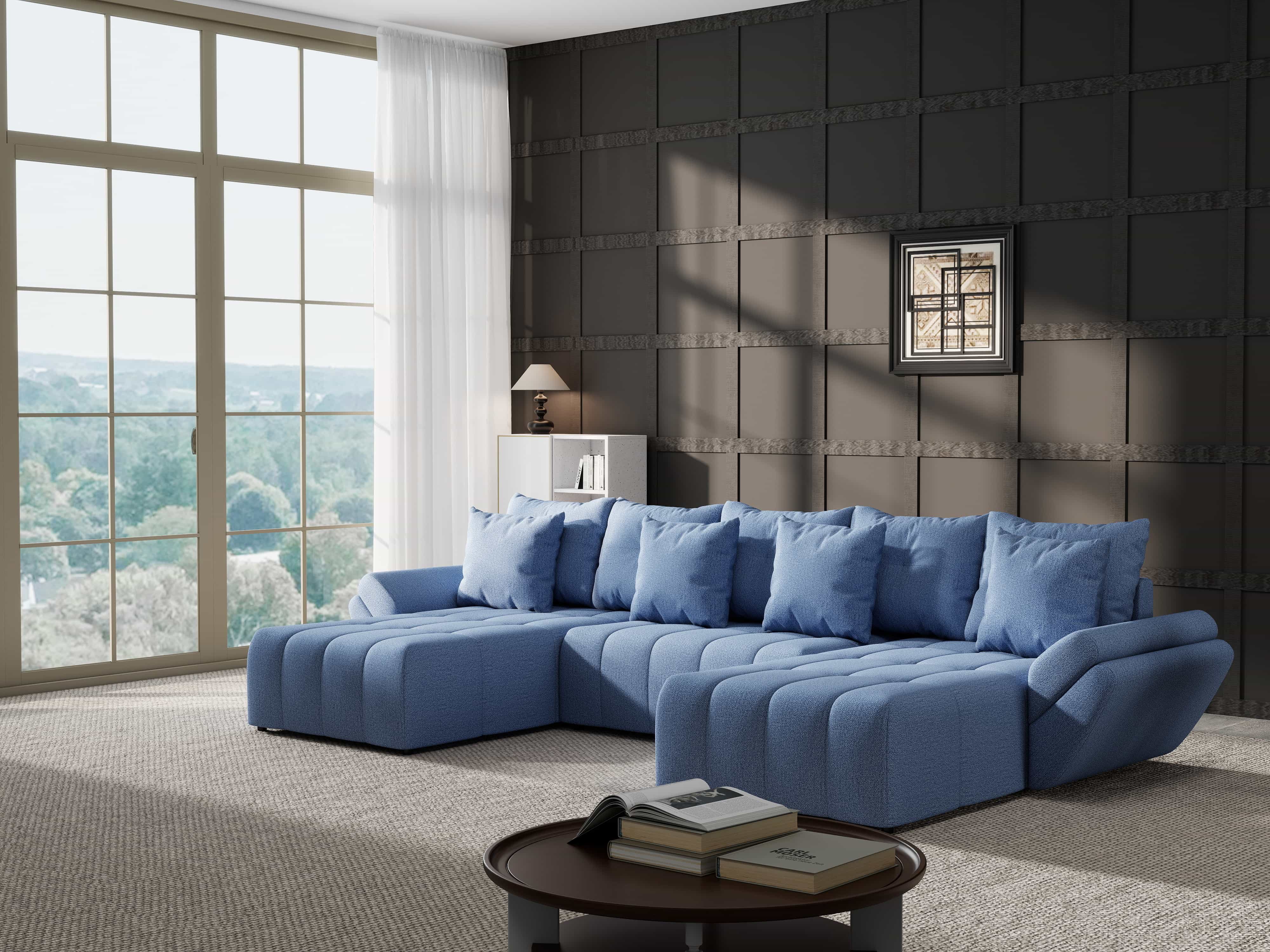 Colțar extensibil dumonde cu ladă de depozitare si sezut confortabil din spuma HR, Berlin U Enjoy Blue 380x180 cm Fabrica