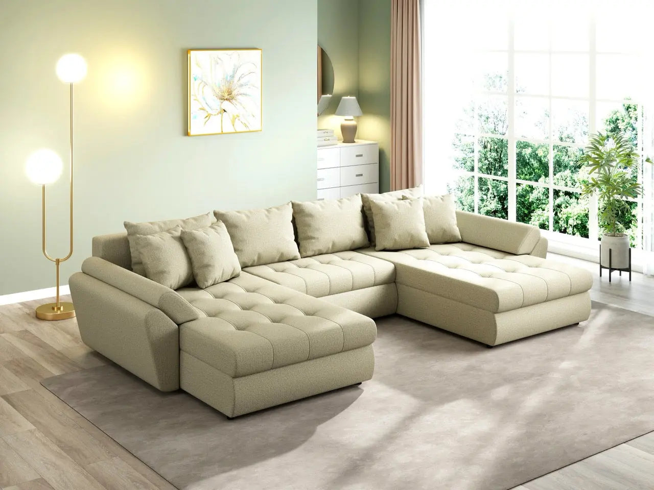 Colțar extensibil dumonde cu ladă de depozitare si sezut confortabil din spuma HR, Loana U Enjoy Camel 355x185 cm Fabrica