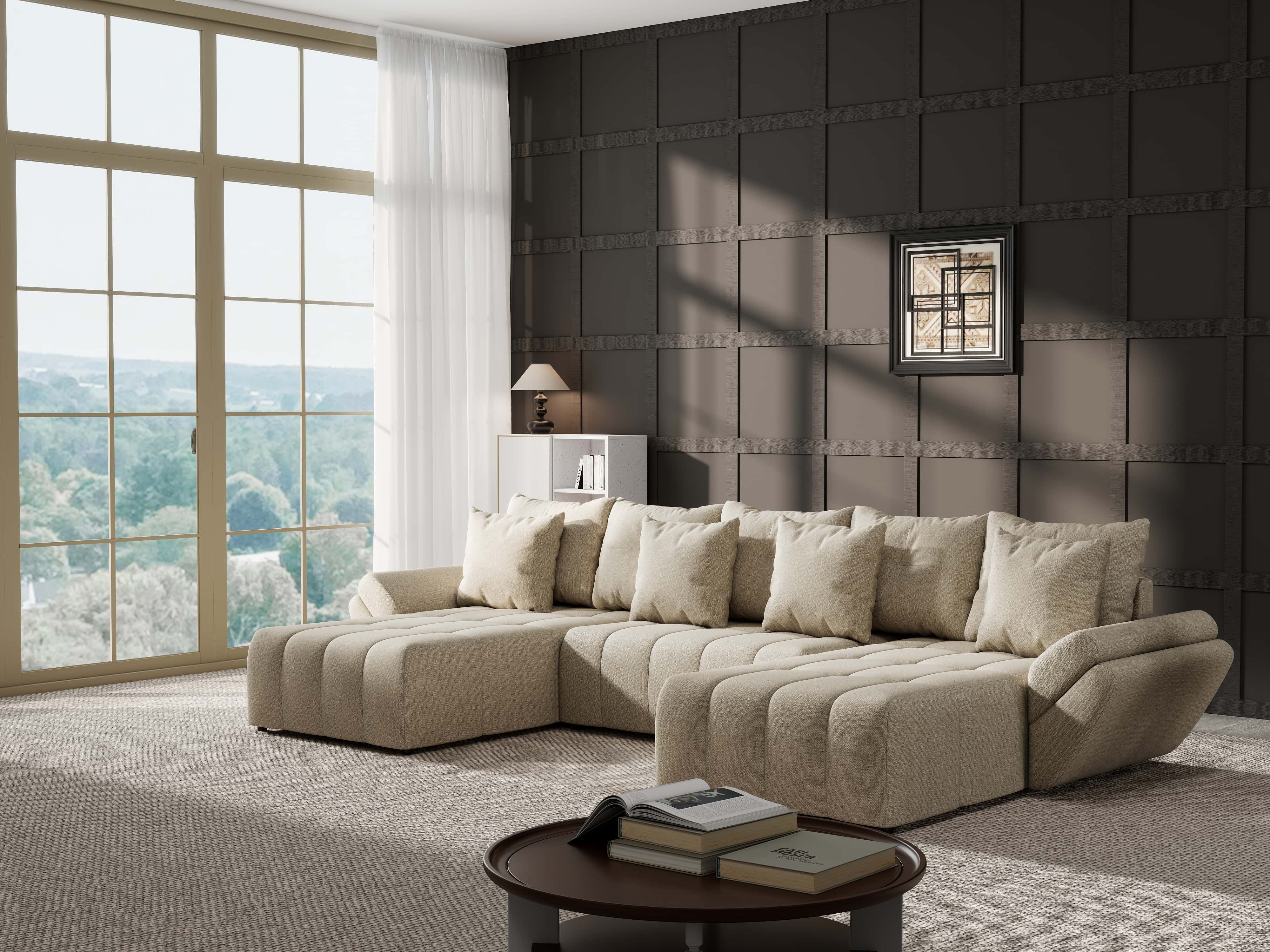 Colțar extensibil dumonde cu ladă de depozitare si sezut confortabil din spuma HR, Berlin U Enjoy Camel 380x180 cm Fabrica