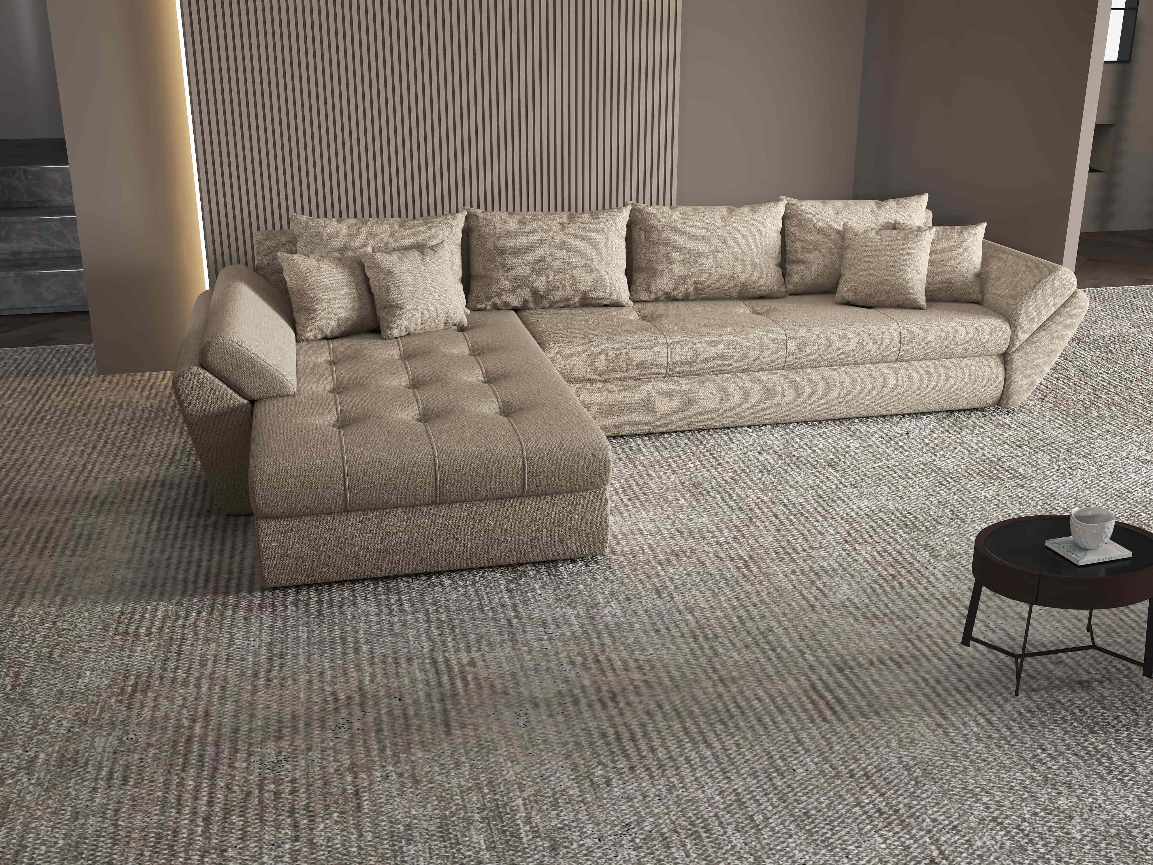 Colțar extensibil dumonde cu ladă de depozitare si sezut confortabil din spuma HR, Loana XL Enjoy Camel 335x185 cm Fabrica