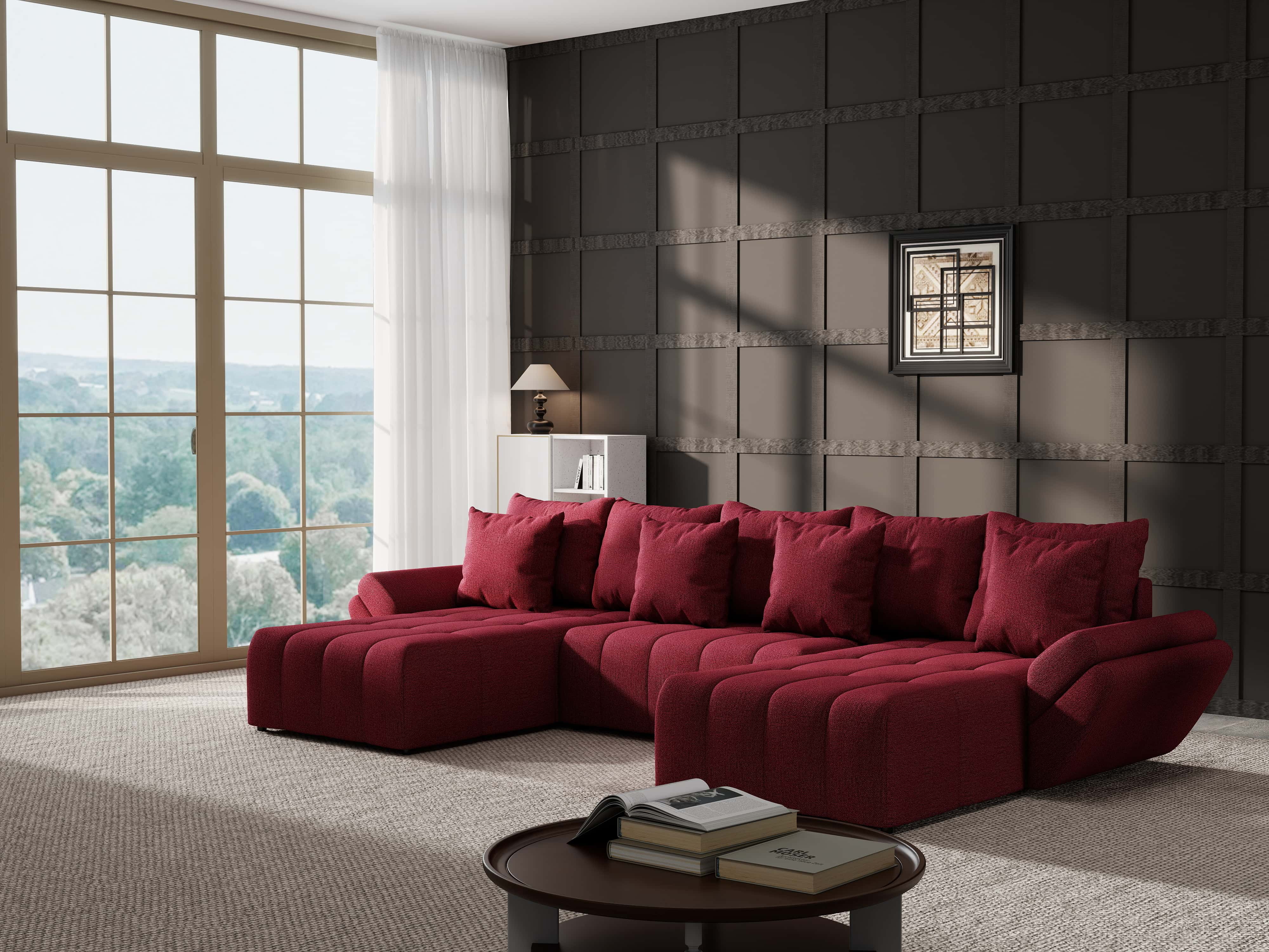 Colțar extensibil dumonde cu ladă de depozitare si sezut confortabil din spuma HR, Berlin U Enjoy Rosu 380x180 cm Fabrica