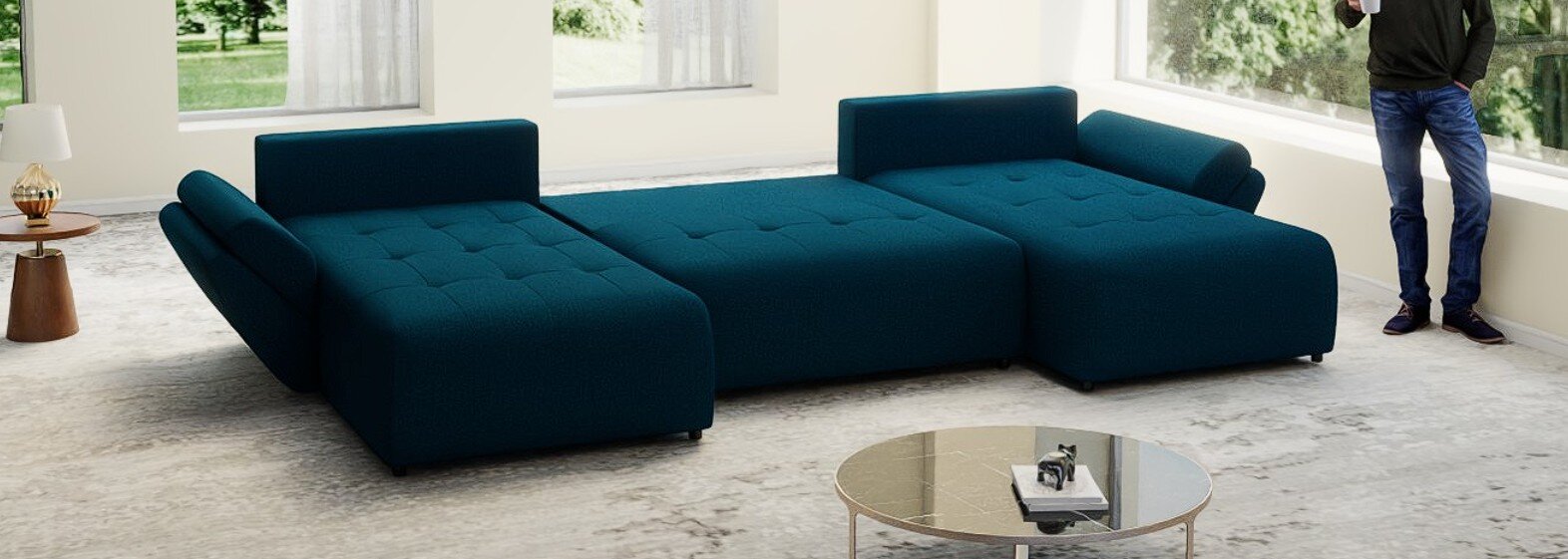 Colțar extensibil dumonde cu ladă de depozitare si sezut confortabil din spuma HR, Berlin U Enjoy Verde Petrol 380x180 cm