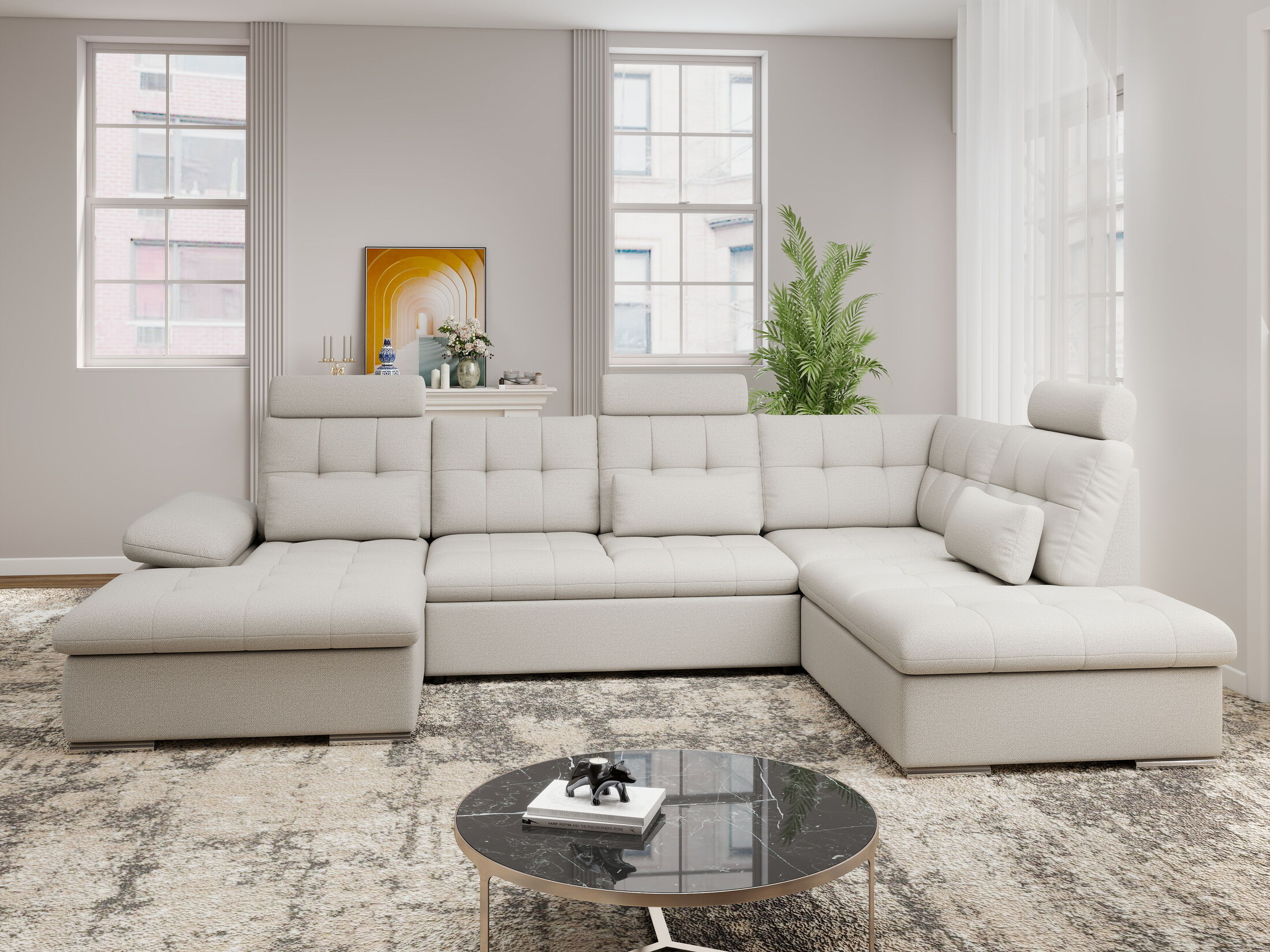 Colțar extensibil dumonde cu ladă de depozitare și șezut confortabil din spumă HR, Merkur U Enjoy Bej 324x218 cm