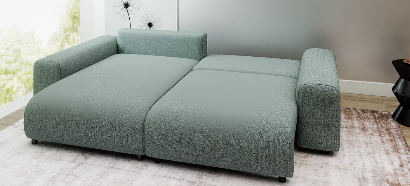 Colțar extensibil dumonde cu ladă de depozitare și șezut confortabil din spumă HR, Luma Enjoy Verde Mint 255x168 cm