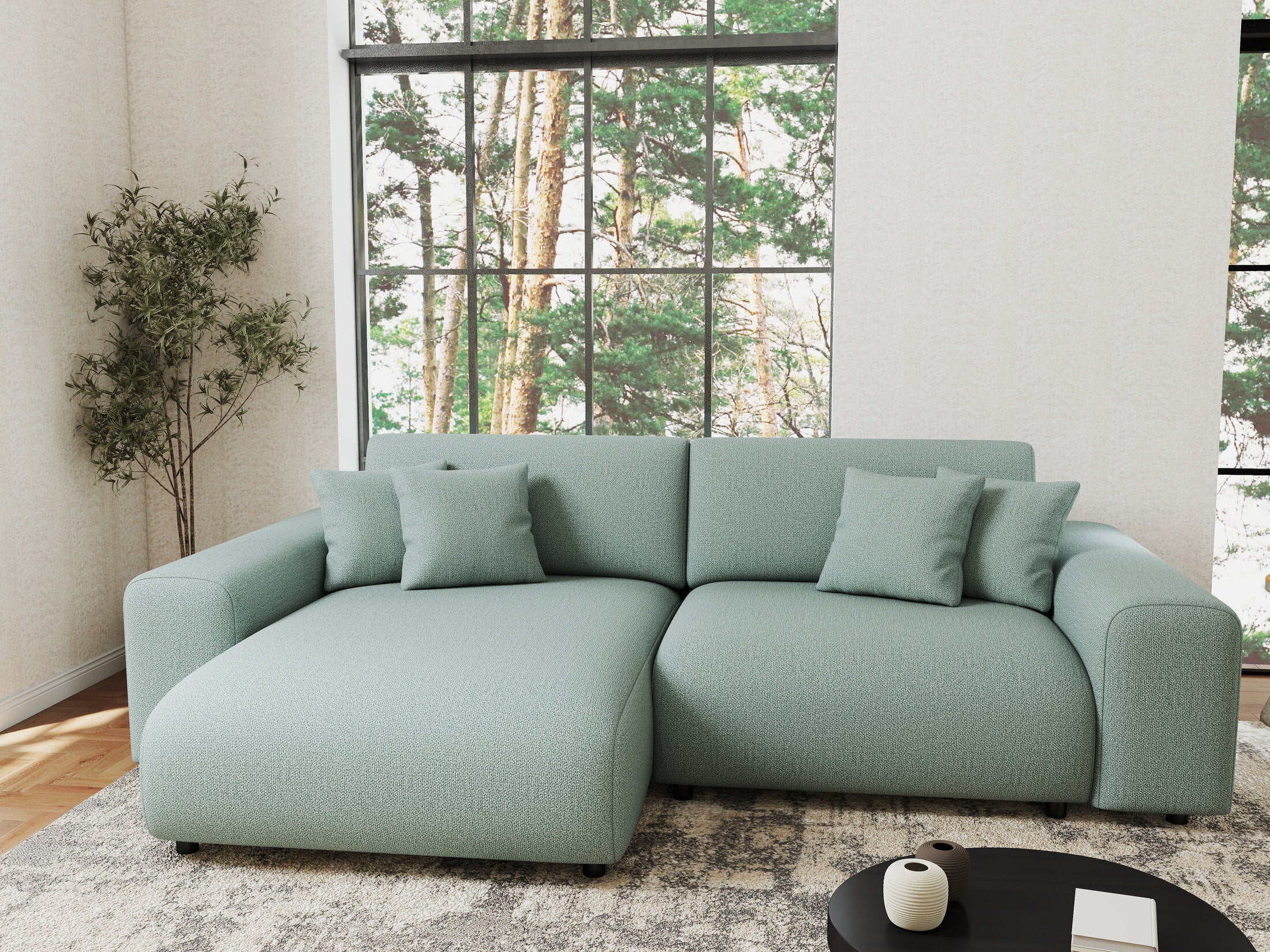 Colțar extensibil dumonde cu ladă de depozitare si sezut confortabil din spuma HR, Sarina Enjoy Verde Mint 255x168 cm