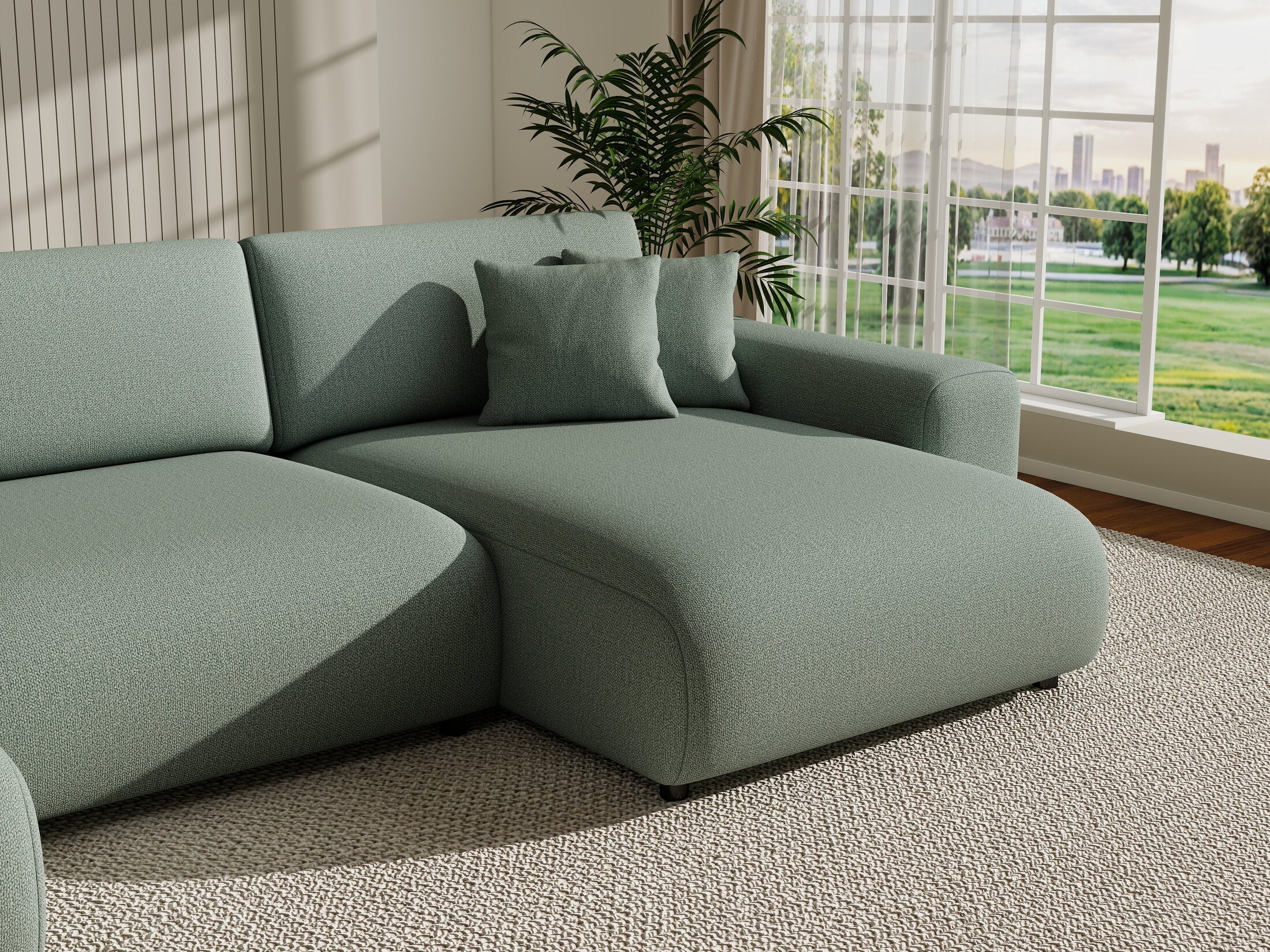 Colțar extensibil dumonde cu ladă de depozitare si sezut confortabil din spuma HR, Sarina U Enjoy Verde Mint 350x168 cm