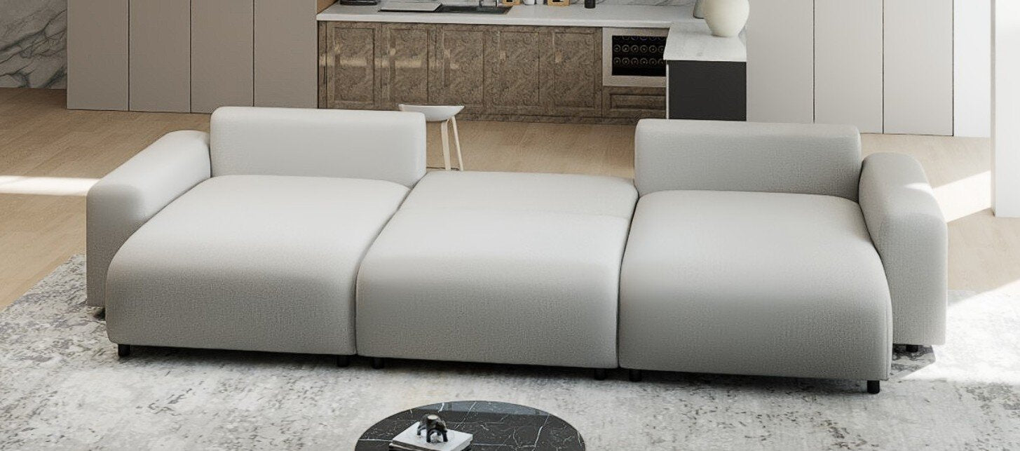 Colțar extensibil dumonde cu ladă de depozitare si sezut confortabil din spuma HR, Luma U Enjoy Bej 336x140 cm