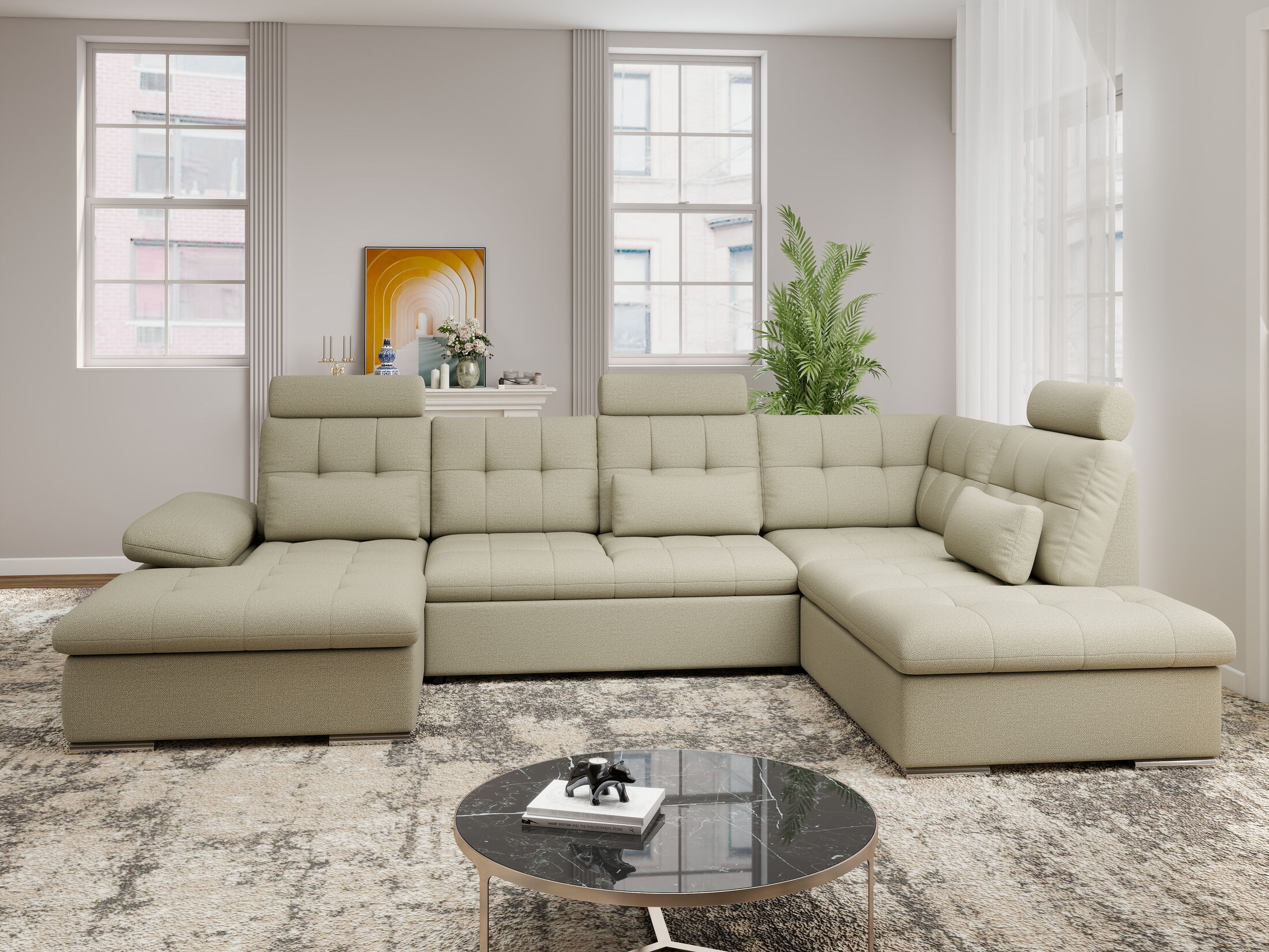 Colțar extensibil dumonde cu ladă de depozitare și șezut confortabil din spumă HR, Merkur U Enjoy Bej 324x218 cm