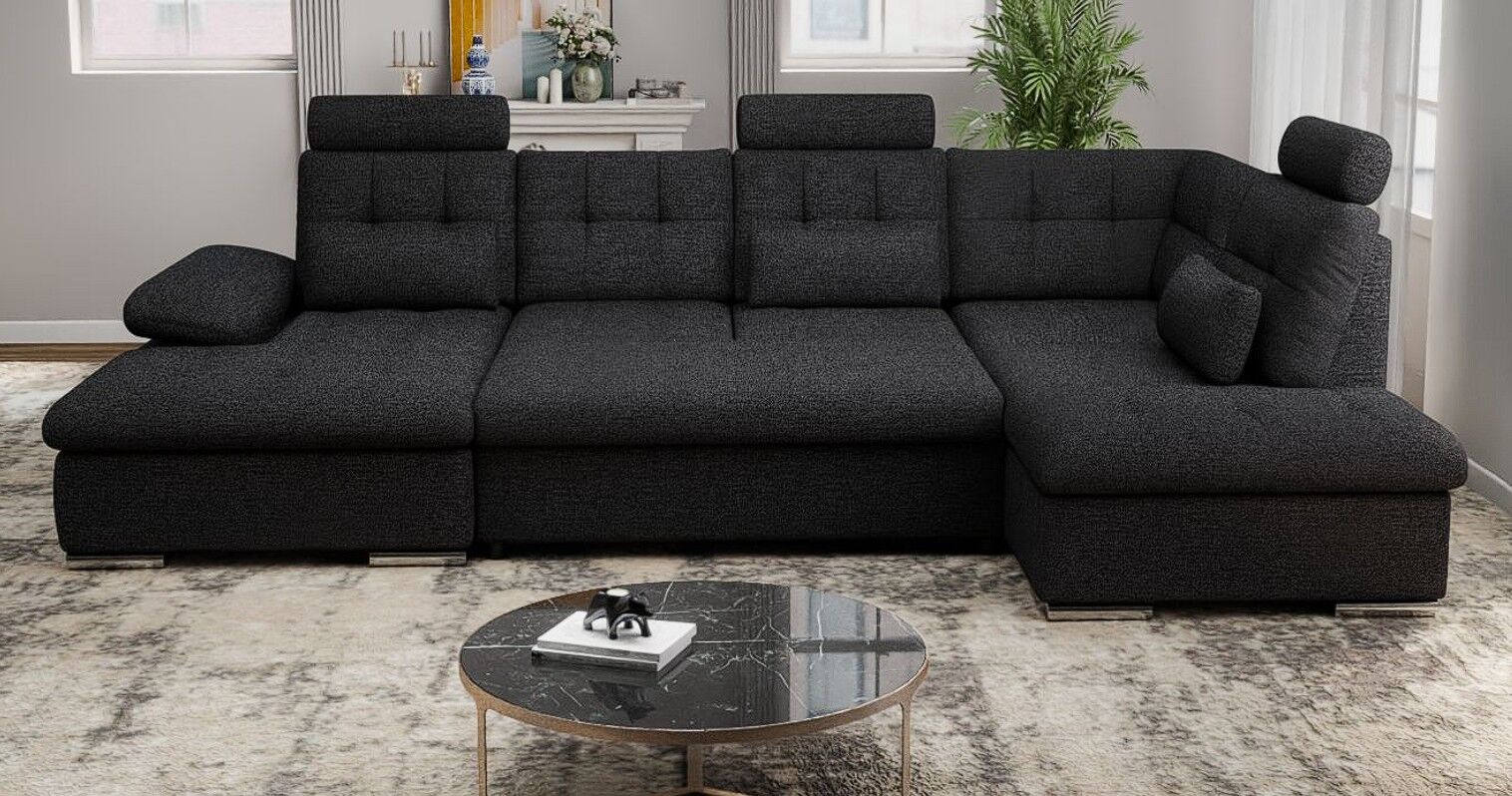 Colțar extensibil dumonde cu ladă de depozitare și șezut confortabil din spumă HR, Merkur U Enjoy Negru 324x218 cm