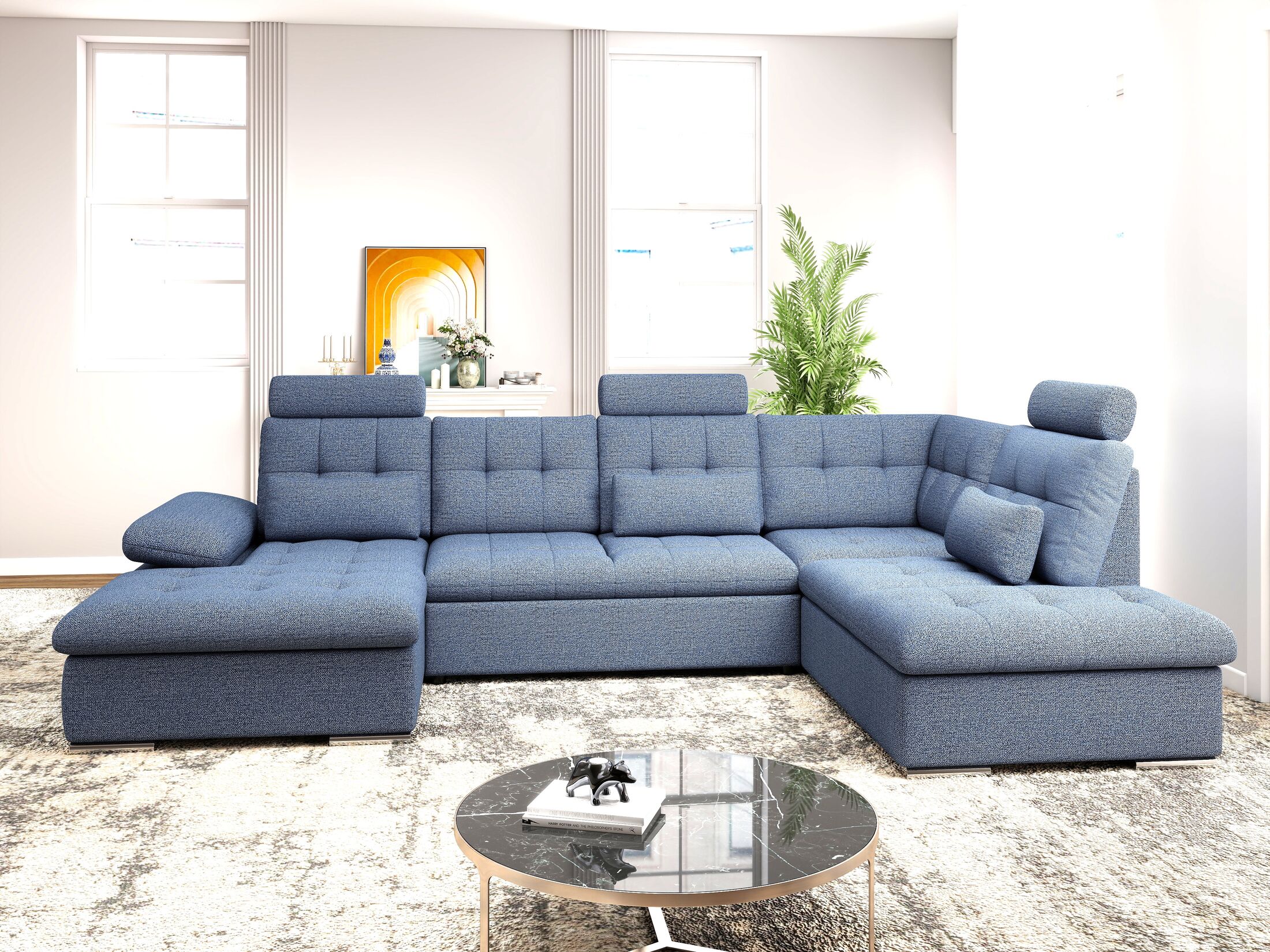 Colțar extensibil dumonde cu ladă de depozitare și șezut confortabil din spumă HR, Merkur U Enjoy Albastru 324x218 cm