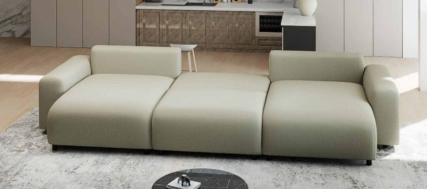 Colțar extensibil dumonde cu ladă de depozitare si sezut confortabil din spuma HR, Luma U Enjoy Bej 336x140 cm