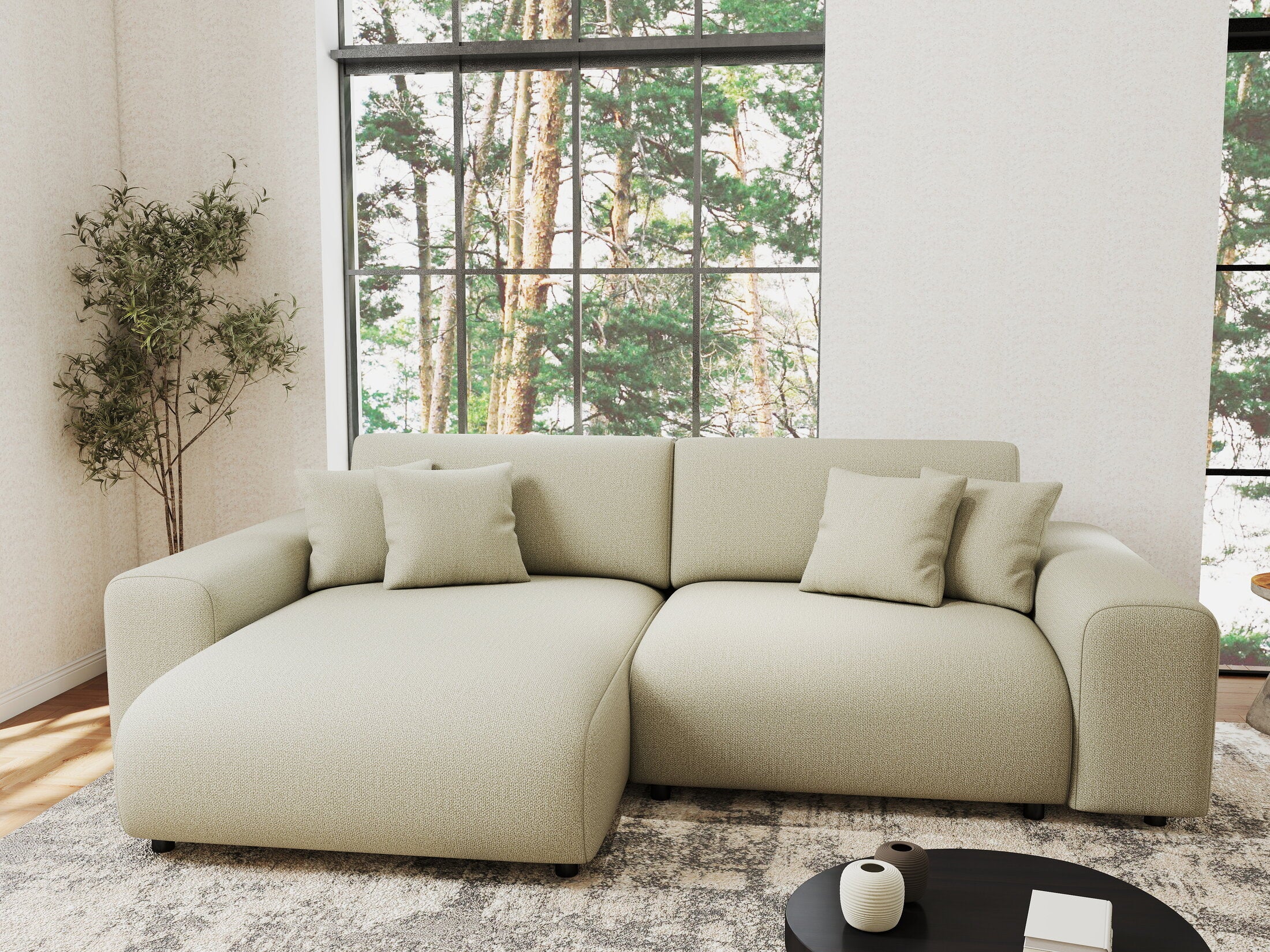 Colțar extensibil dumonde cu ladă de depozitare si sezut confortabil din spuma HR, Sarina Enjoy Bej 255x168 cm