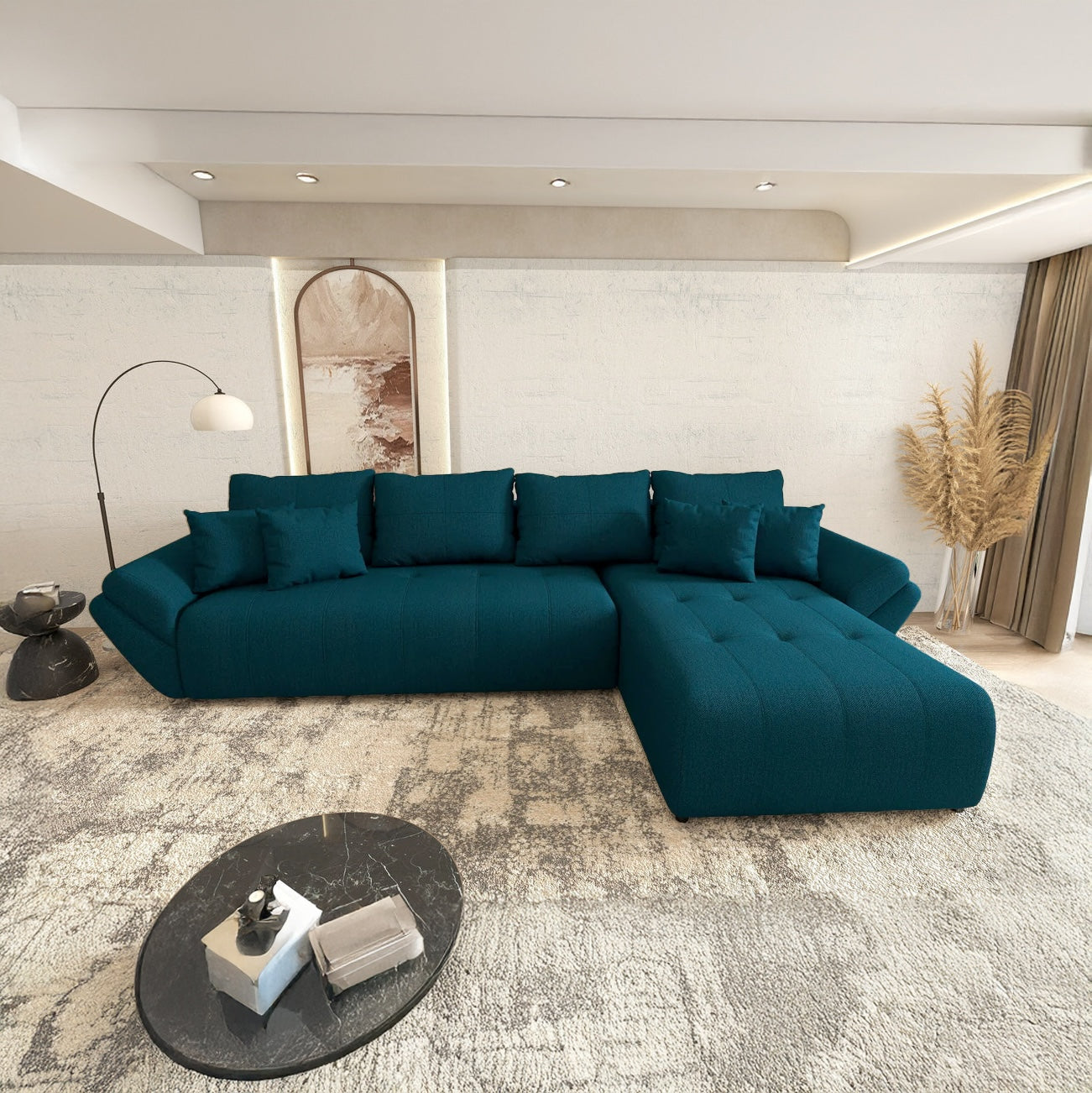 Colțar extensibil dumonde cu ladă de depozitare si sezut confortabil din spuma HR, Berlin XL Enjoy Petrol 350x185 cm II