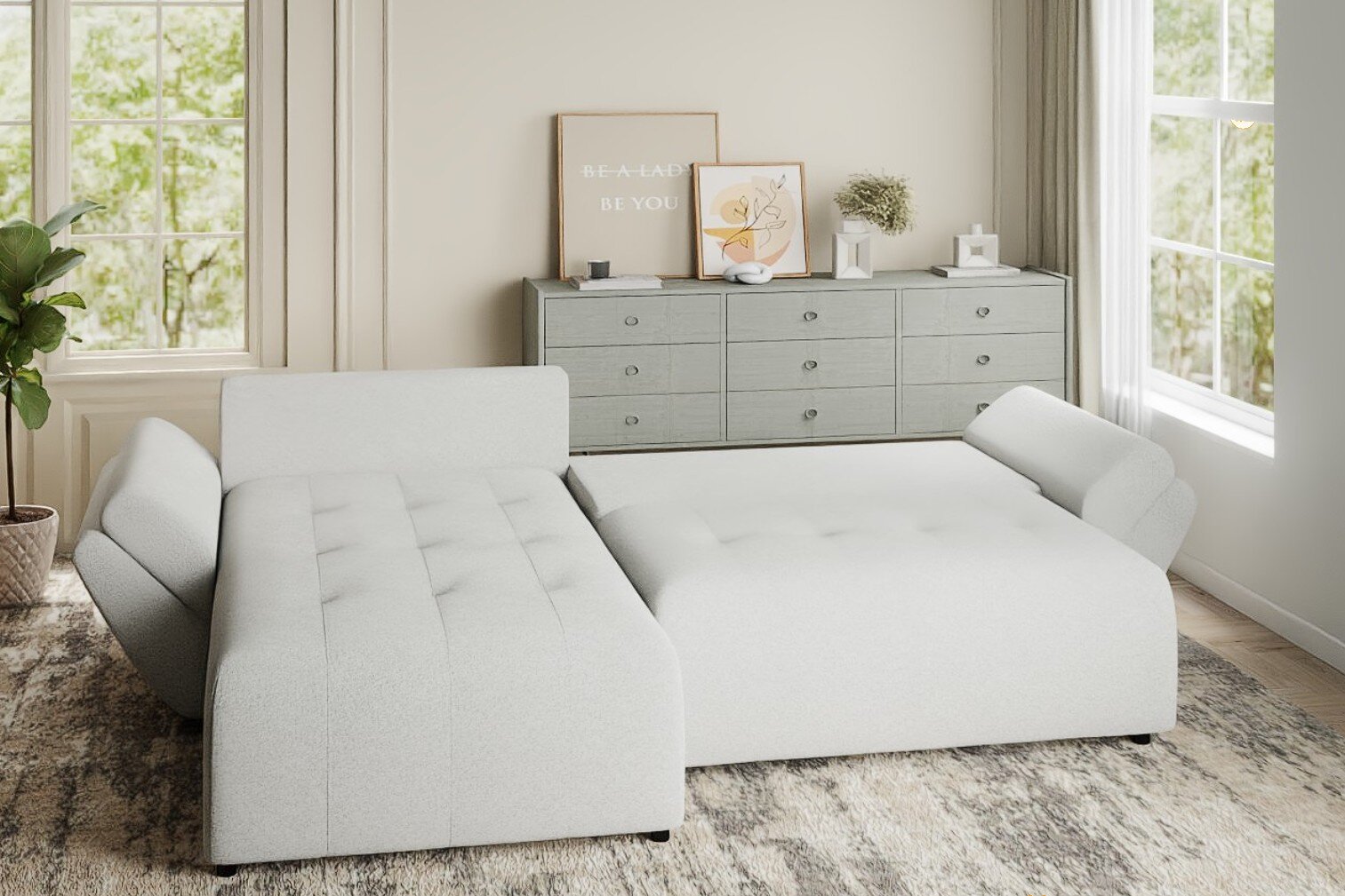 Colțar extensibil dumonde cu ladă de depozitare si sezut confortabil din spuma HR, Berlin Euphoria Alb 280x185 cm