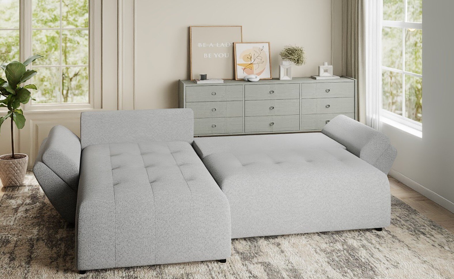 Colțar extensibil dumonde cu ladă de depozitare si sezut confortabil din spuma HR, Berlin Euphoria Gri 280x185 cm