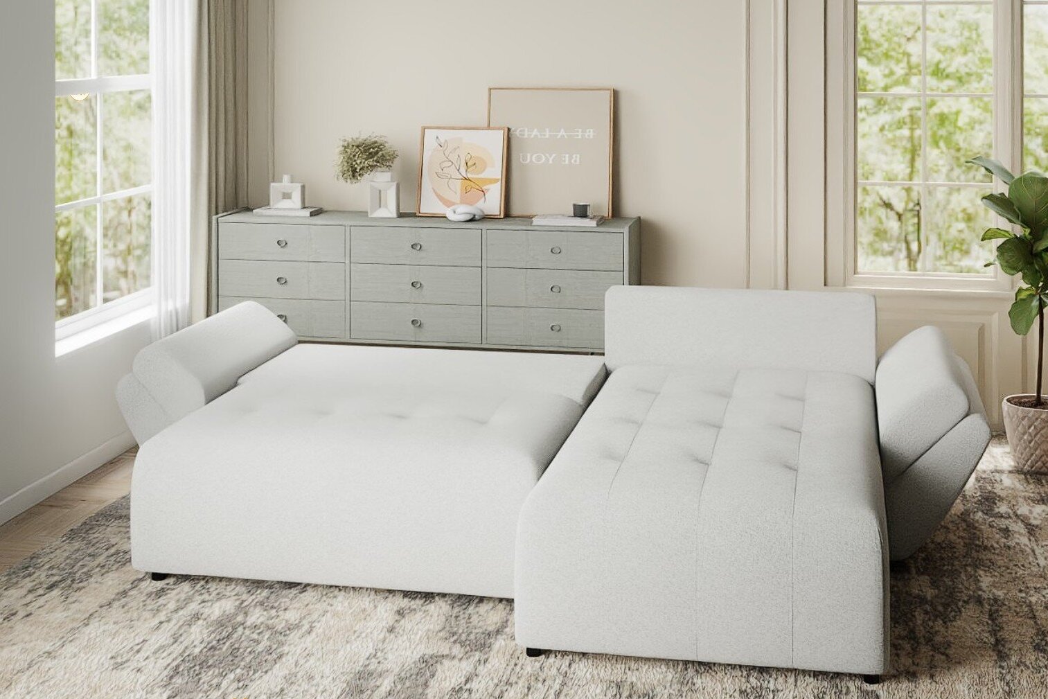 Colțar extensibil dumonde cu ladă de depozitare si sezut confortabil din spuma HR, Berlin Euphoria Alb 280x185 cm II