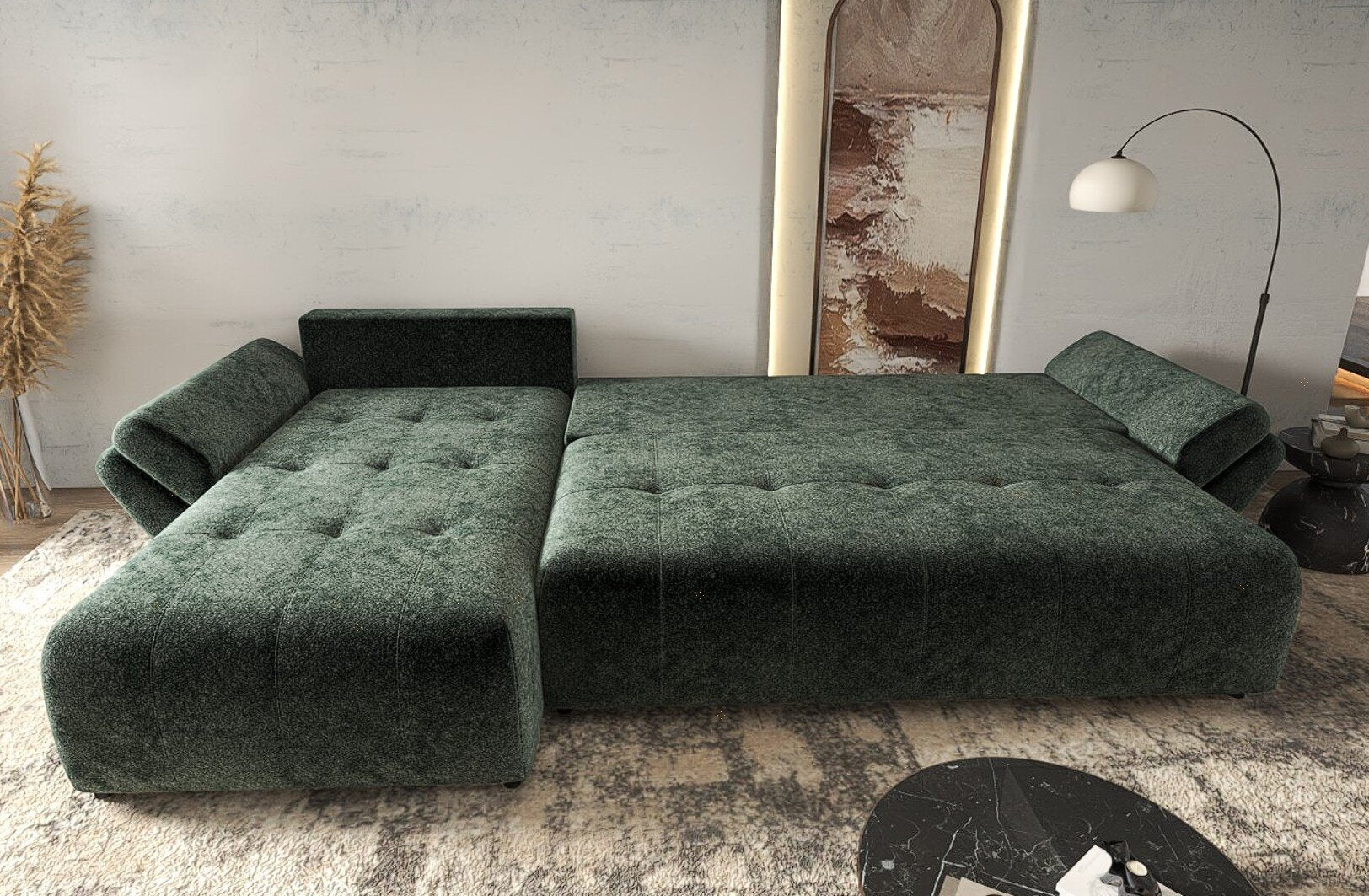 Colțar extensibil dumonde cu ladă de depozitare si sezut confortabil din spuma HR, Berlin XL Euphoria Green 350x185 cm