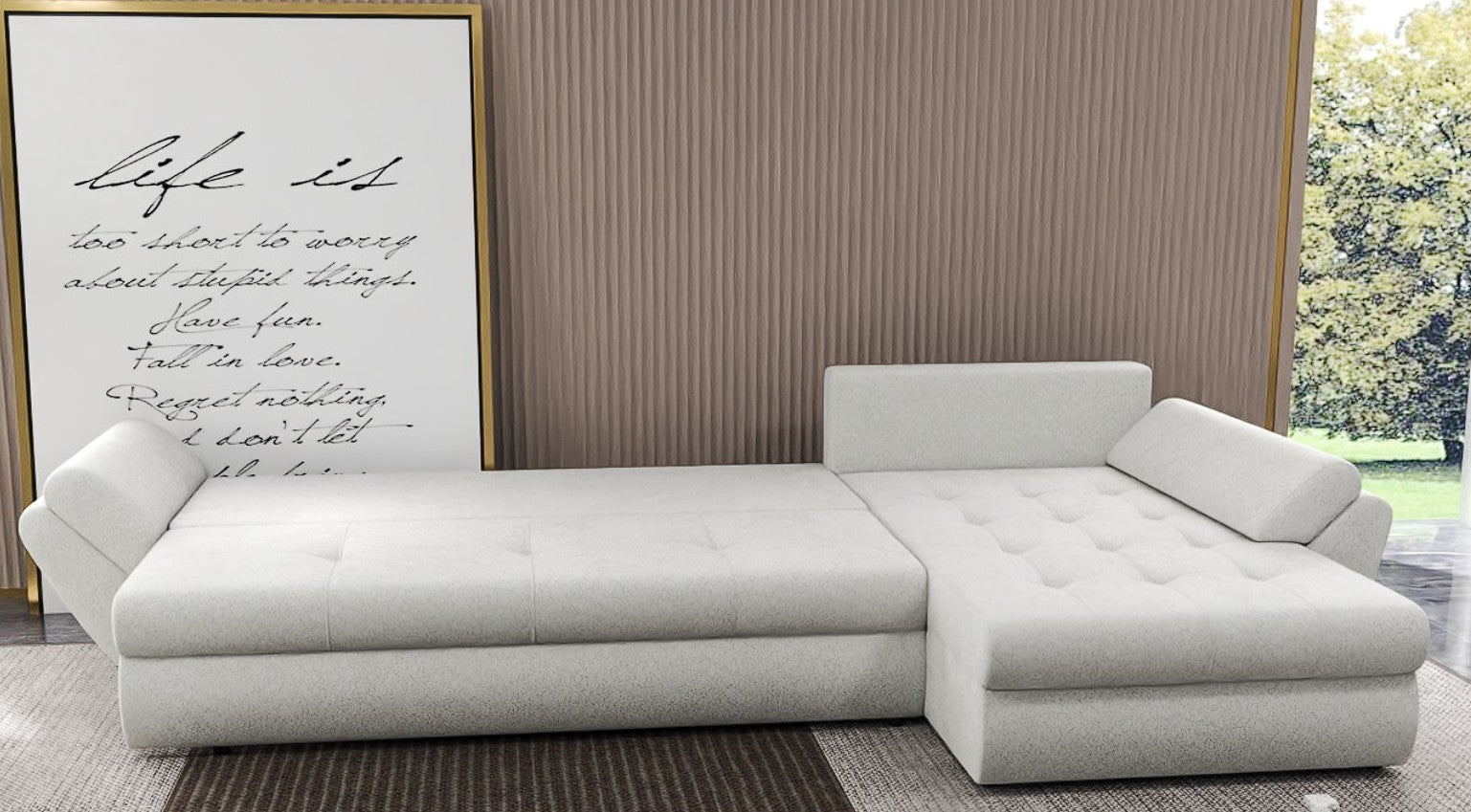 Colțar extensibil dumonde cu ladă de depozitare si sezut confortabil din spuma HR, Loana XL Euphoria Ivory 335x185 cm Fabrica
