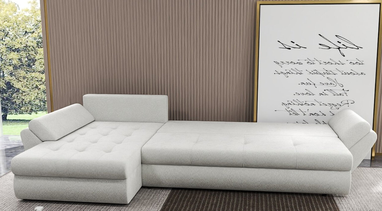 Colțar extensibil dumonde cu ladă de depozitare si sezut confortabil din spuma HR, Loana XL Euphoria Ivory II 335x185 cm Fabrica