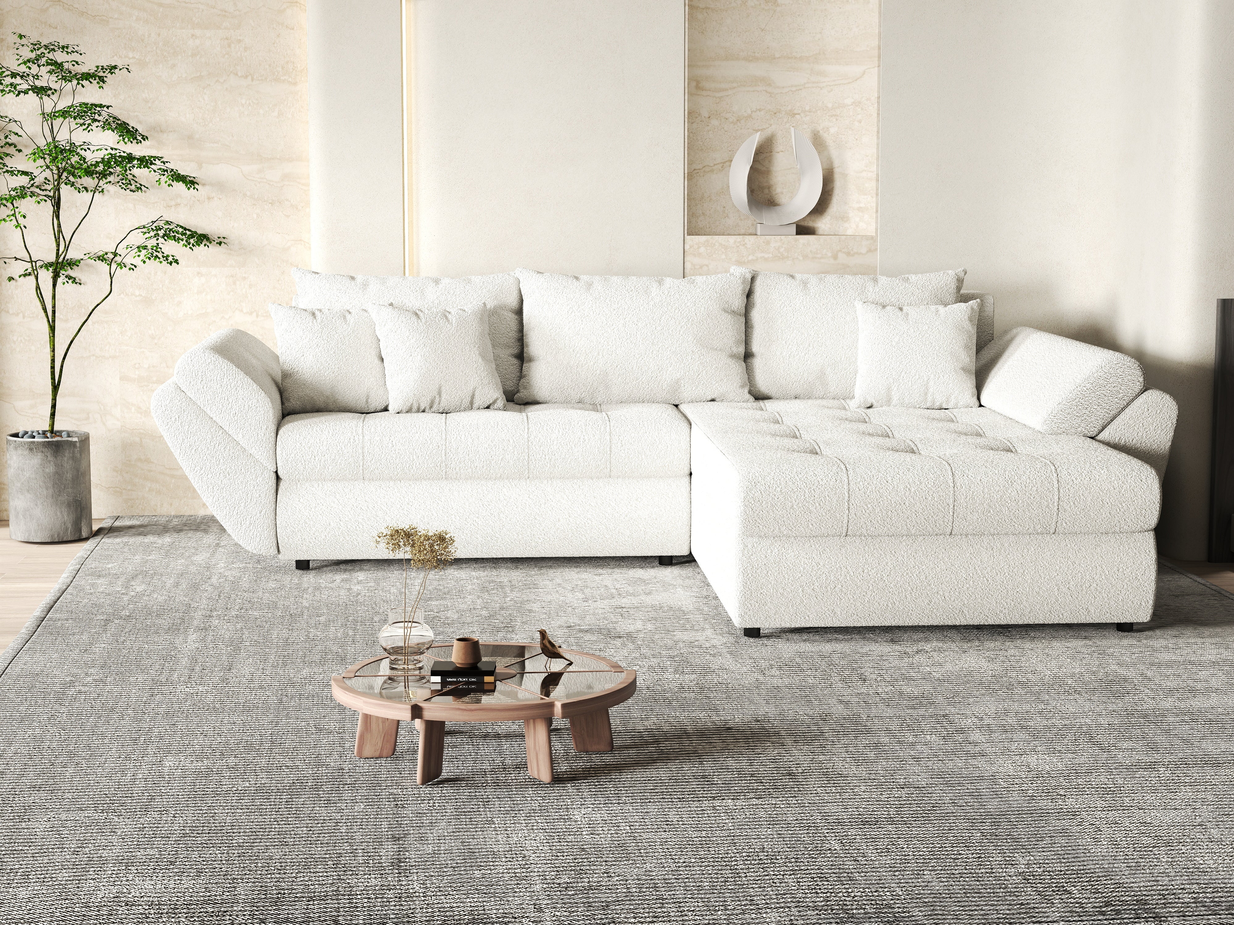 Colțar extensibil dumonde cu ladă de depozitare si sezut confortabil din spuma HR, Loana Euphoria Ivory II 270x185 cm Fabrica