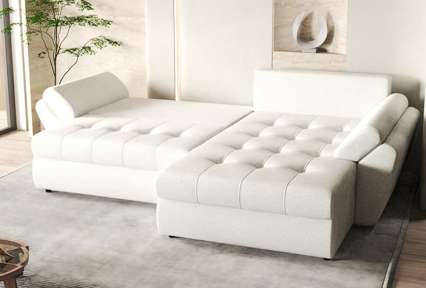 Colțar extensibil dumonde cu ladă de depozitare si sezut confortabil din spuma HR, Loana Euphoria Ivory II 270x185 cm Fabrica