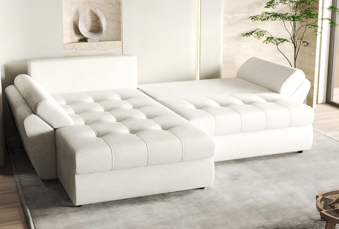 Colțar extensibil dumonde cu ladă de depozitare si sezut confortabil din spuma HR, Loana Euphoria Ivory 270x185 cm Fabrica