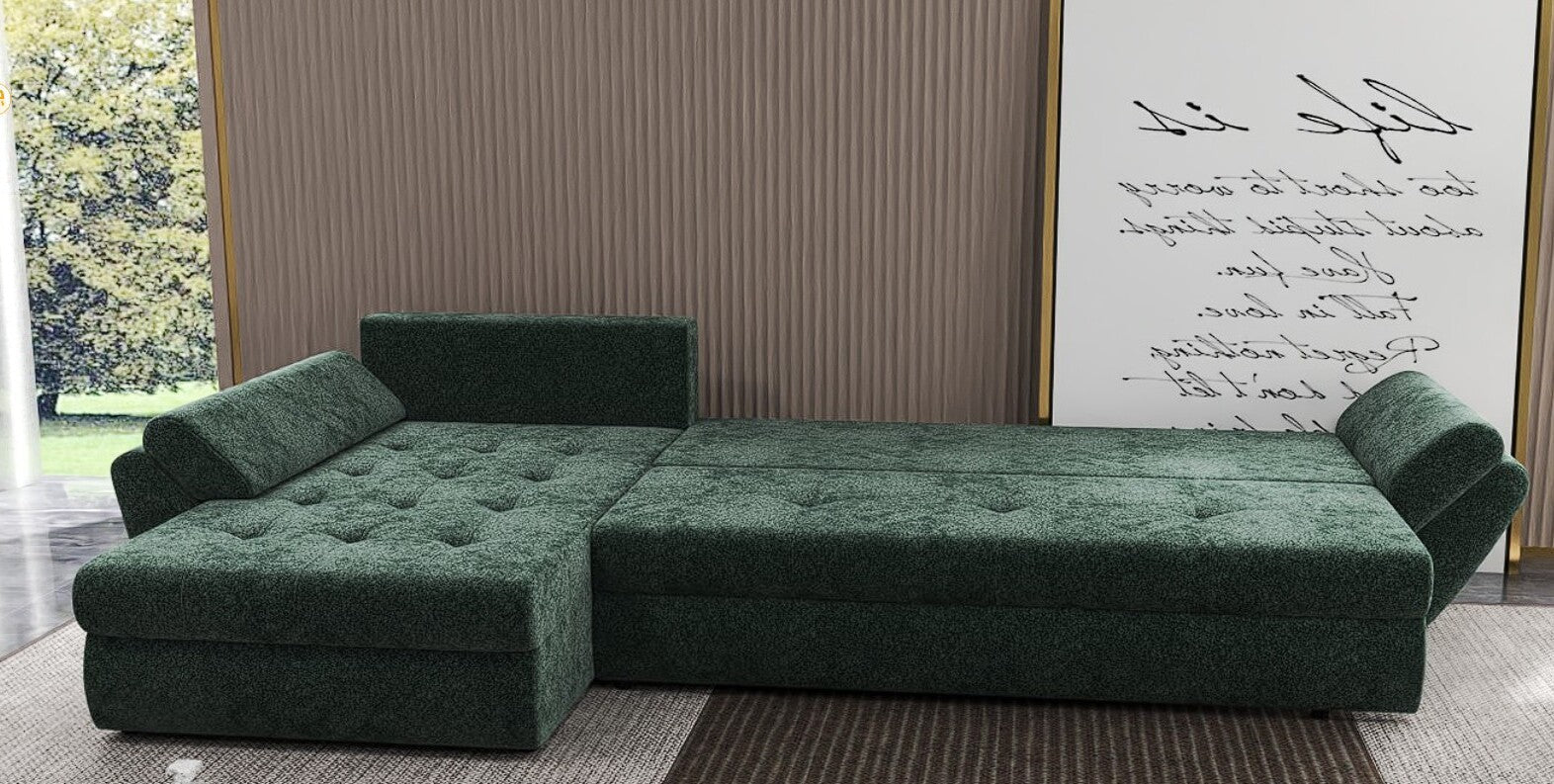 Colțar extensibil dumonde cu ladă de depozitare si sezut confortabil din spuma HR, Loana XL Euphoria Verde II 335x185 cm Fabrica