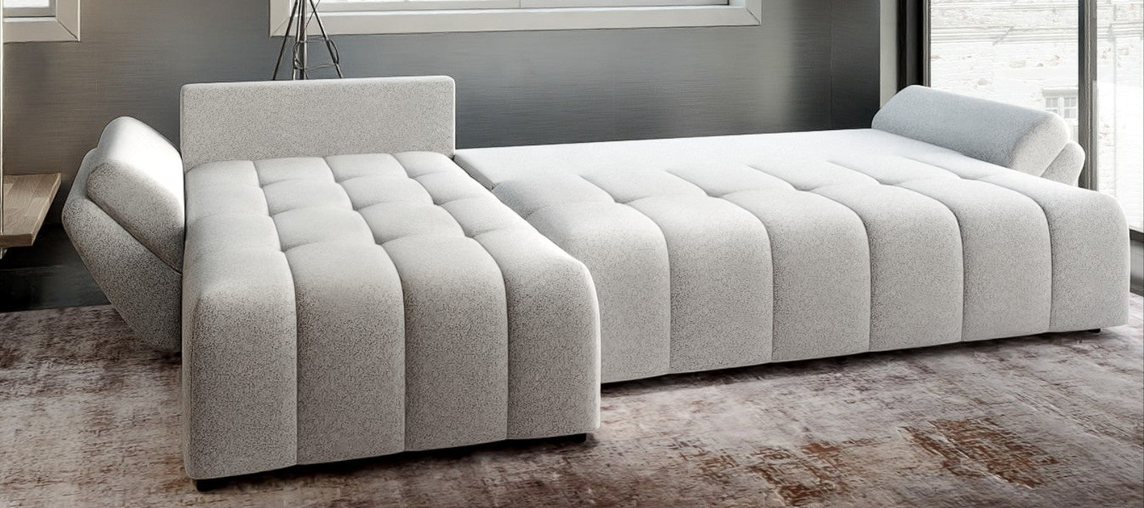 Colțar extensibil dumonde cu ladă de depozitare si sezut confortabil din spuma HR, Berlin XL Euphoria Dove 350x185 cm Fabrica