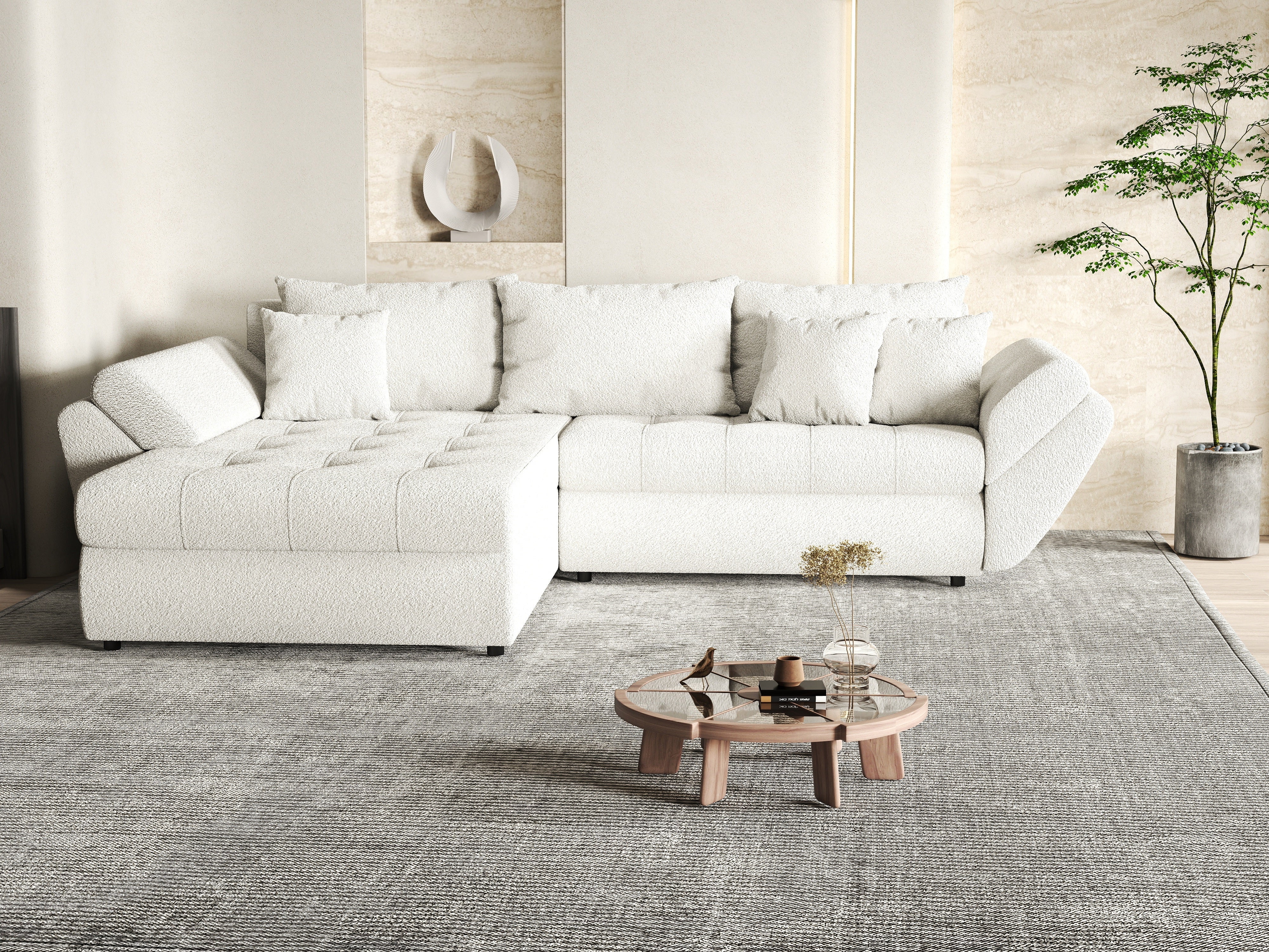 Colțar extensibil dumonde cu ladă de depozitare si sezut confortabil din spuma HR, Loana Euphoria Ivory 270x185 cm Fabrica