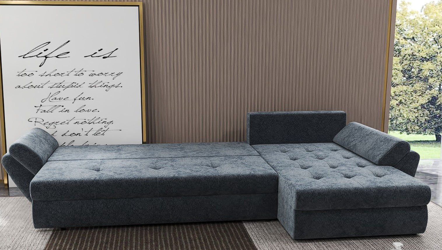 Colțar extensibil dumonde cu ladă de depozitare si sezut confortabil din spuma HR, Loana XL Euphoria Grafit 335x185 cm Fabrica