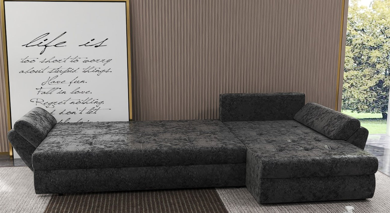 Colțar extensibil dumonde cu ladă de depozitare si sezut confortabil din spuma HR, Loana XL Euphoria Negru 335x185 cm Fabrica