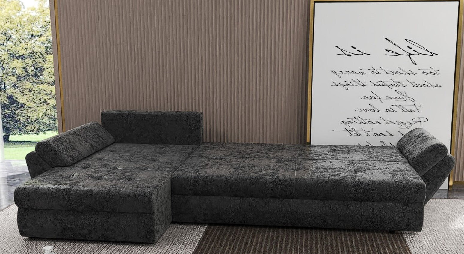 Colțar extensibil dumonde cu ladă de depozitare si sezut confortabil din spuma HR, Loana XL Euphoria Negru II 335x185 cm Fabrica