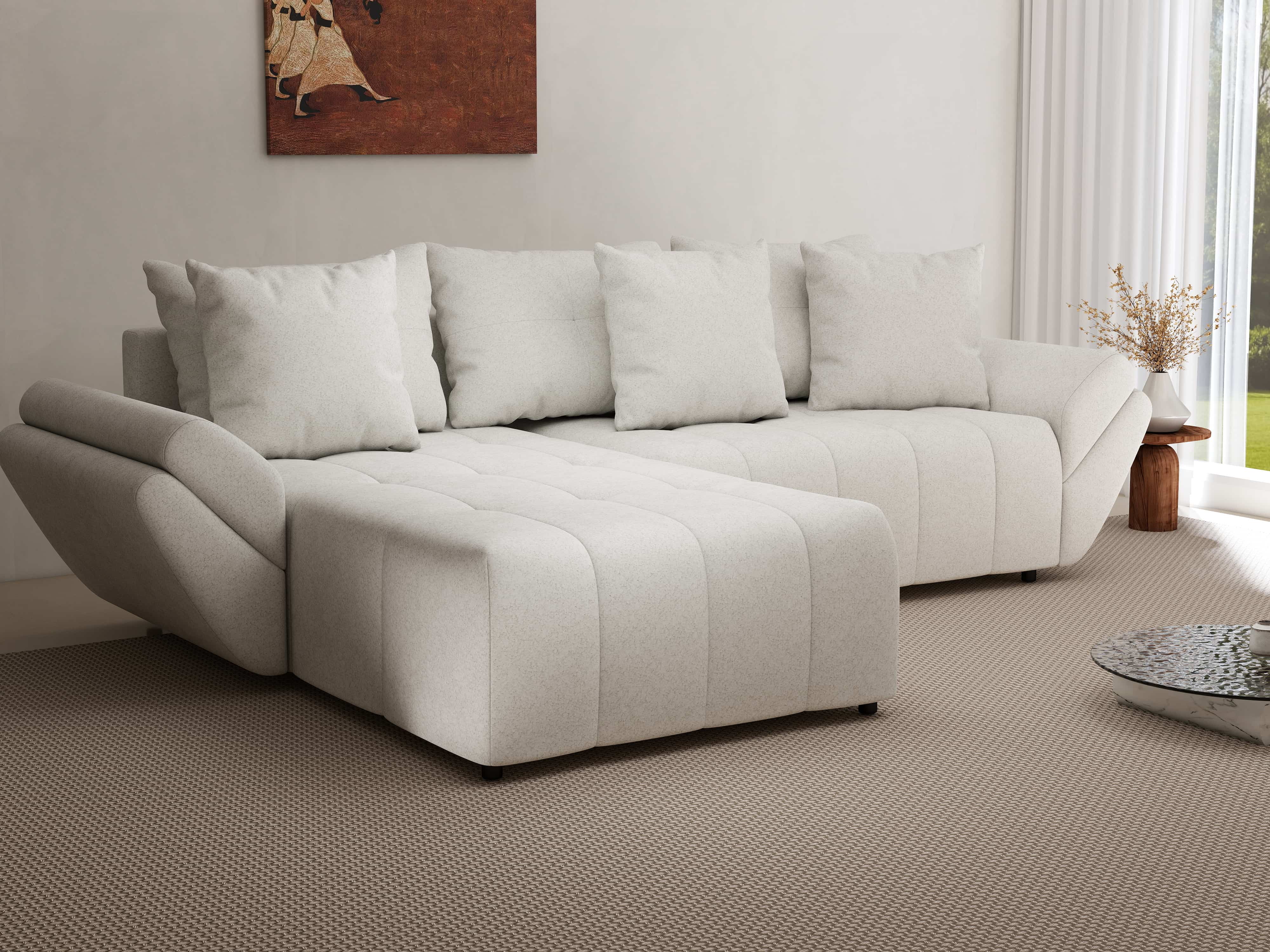 Colțar extensibil dumonde cu ladă de depozitare si sezut confortabil din spuma HR, Berlin Euphoria Ivory 280x185 cm Fabrica