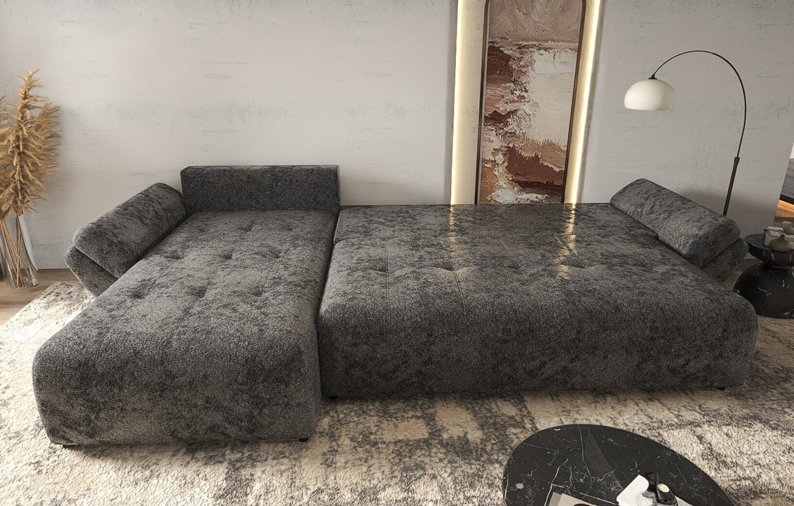 Colțar extensibil dumonde cu ladă de depozitare si sezut confortabil din spuma HR, Berlin XL Euphoria Negru 350x185 cm