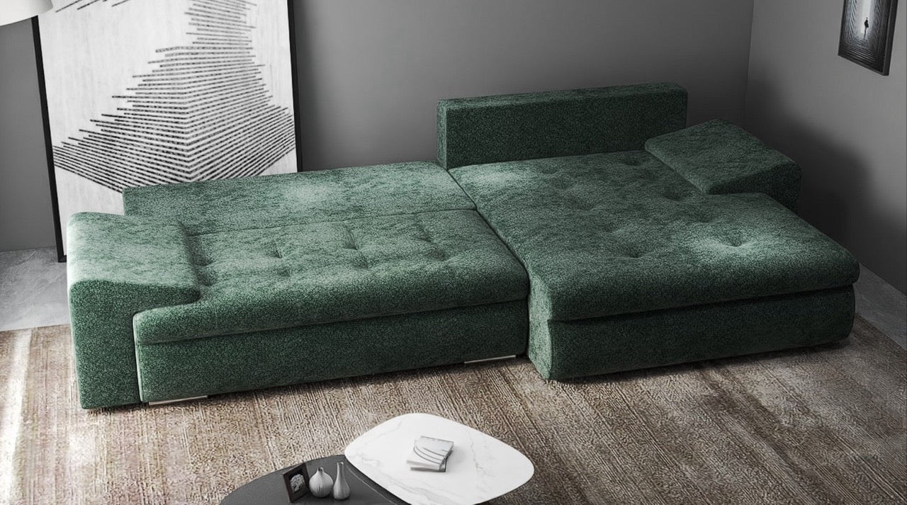 Colțar extensibil dumonde cu ladă de depozitare si sezut confortabil din spuma HR, Leonardo Euphoria Verde 260x185 cm II Fabrica