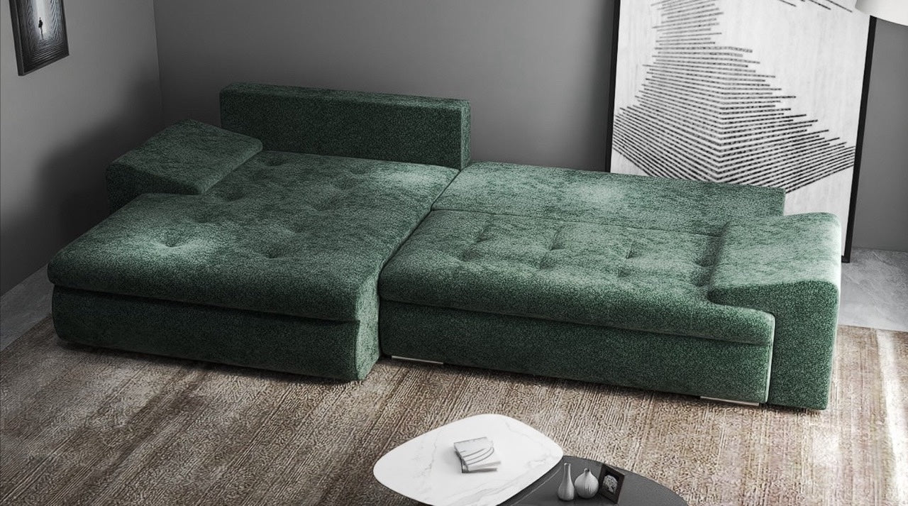 Colțar extensibil dumonde cu ladă de depozitare si sezut confortabil din spuma HR, Leonardo Euphoria Verde 260x185 cm Fabrica
