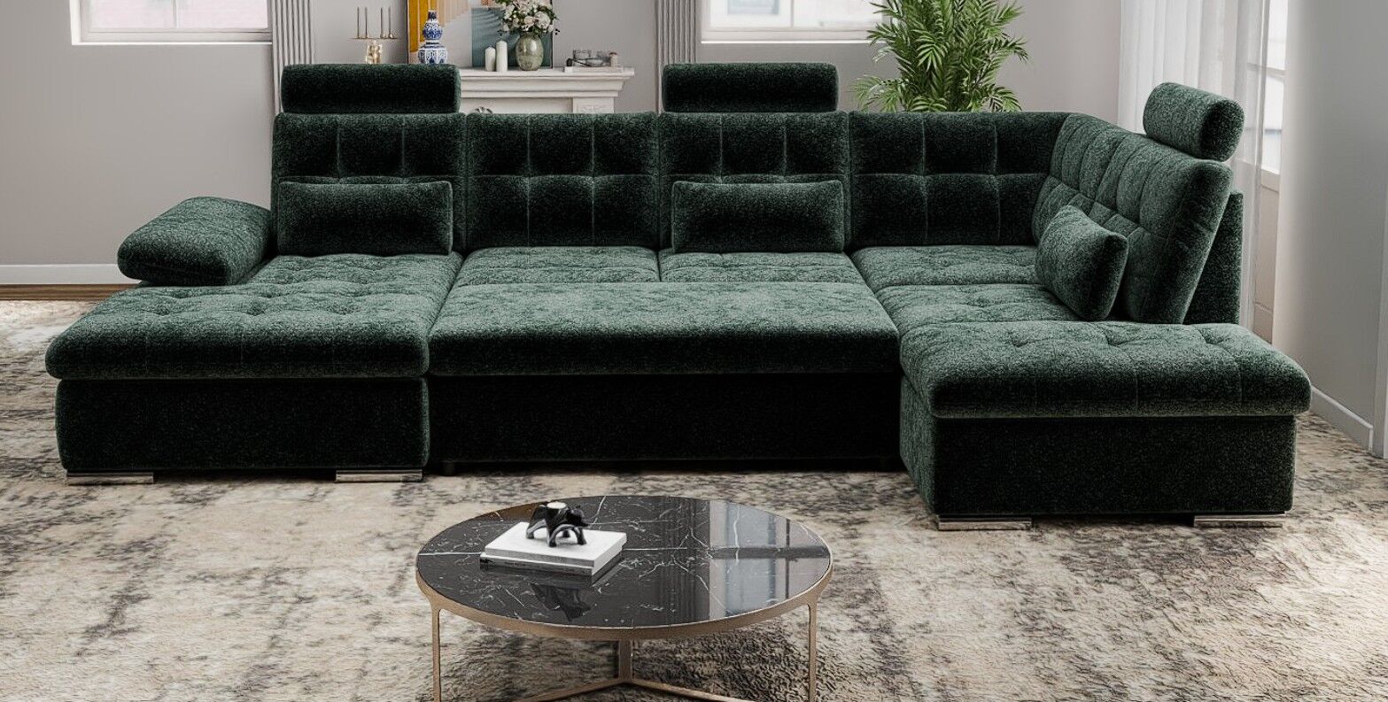 Colțar extensibil dumonde cu ladă de depozitare și șezut confortabil din spumă HR, Merkur U Euphoria Verde 324x218 cm