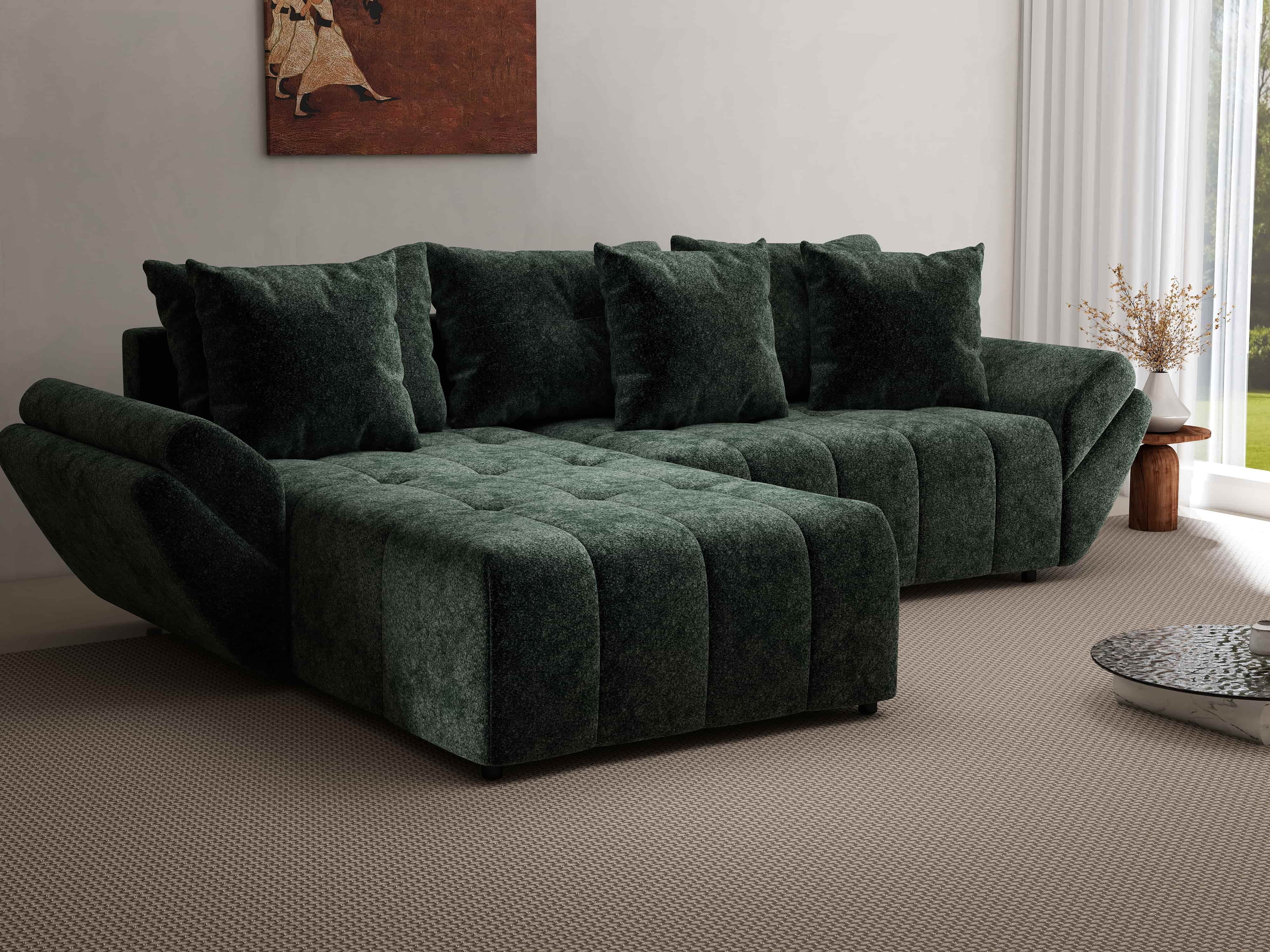 Colțar extensibil dumonde cu ladă de depozitare si sezut confortabil din spuma HR, Berlin Euphoria Verde 280x185 cm Fabrica