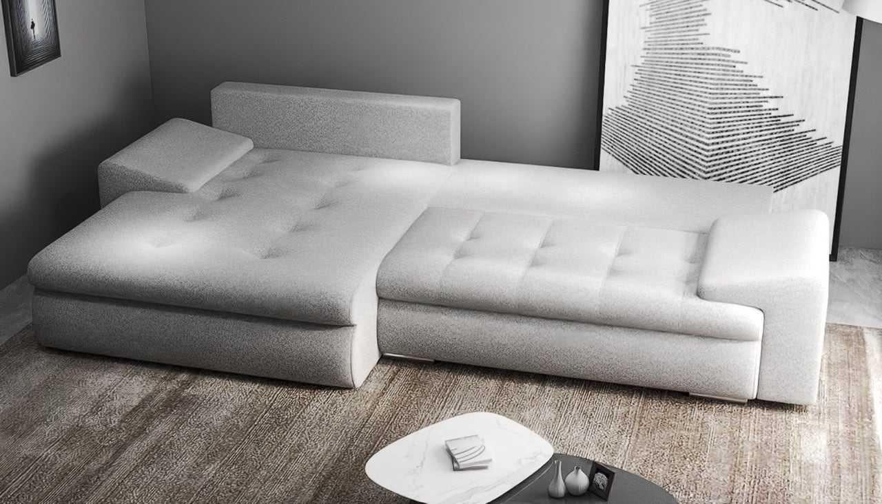 Colțar extensibil dumonde cu ladă de depozitare si sezut confortabil din spuma HR, Leonardo Euphoria Dove 260x185 cm Fabrica