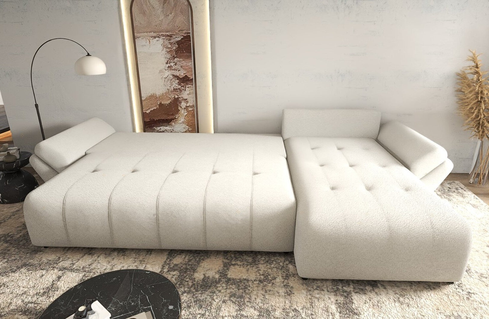 Colțar extensibil dumonde cu ladă de depozitare si sezut confortabil din spuma HR, Berlin XL Euphoria Ivory 350x185 cm II