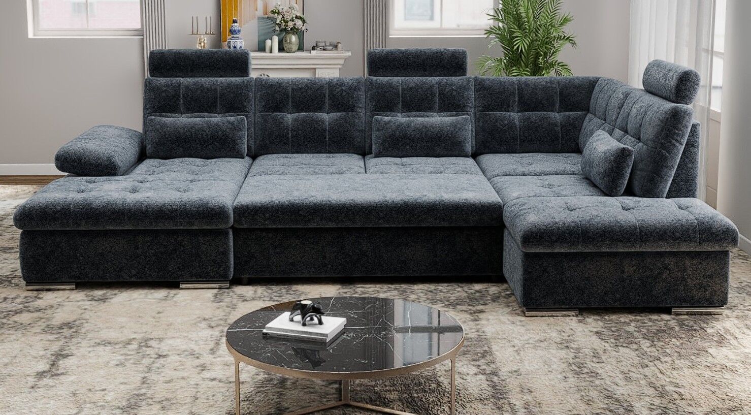 Colțar extensibil dumonde cu ladă de depozitare și șezut confortabil din spumă HR, Merkur U Euphoria Gri Grafit 324x218 cm