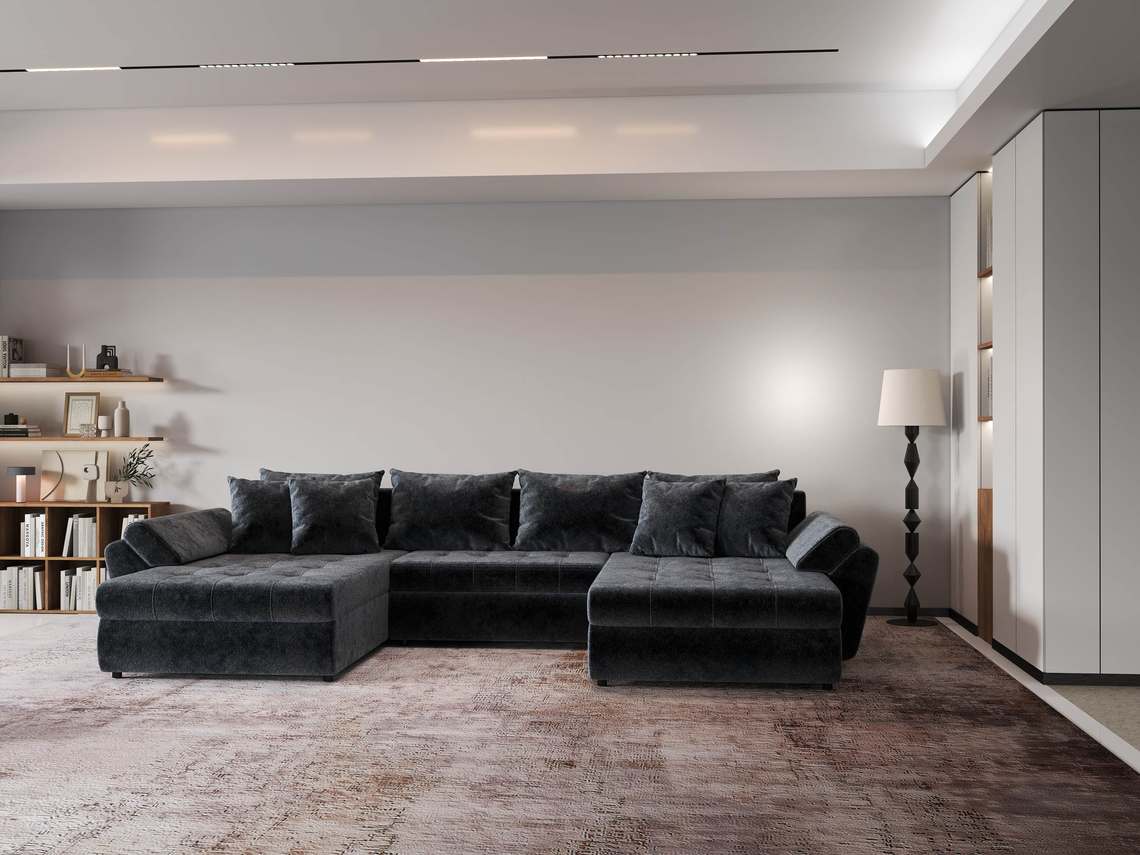 Colțar extensibil dumonde cu ladă de depozitare si sezut confortabil din spuma HR, Loana U Euphoria Grafit 355x185 cm Fabrica