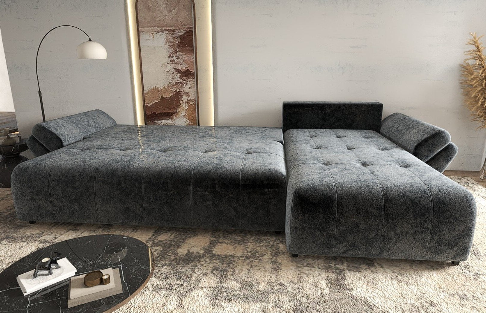 Colțar extensibil dumonde cu ladă de depozitare si sezut confortabil din spuma HR, Berlin XL Euphoria Graphite 350x185 cm II